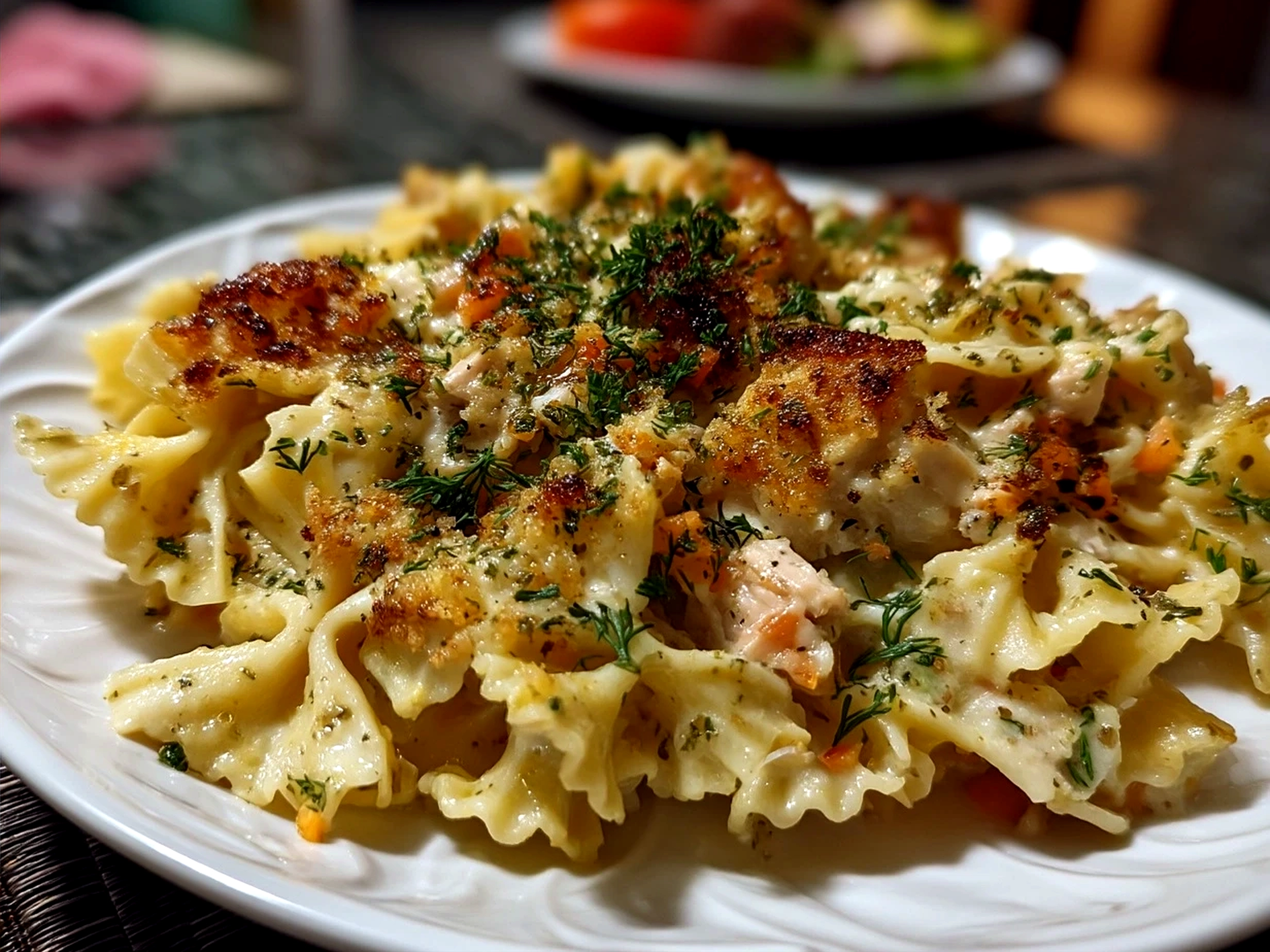 Baked Tuna Noodle Casserole fresh out of the oven served with green salad