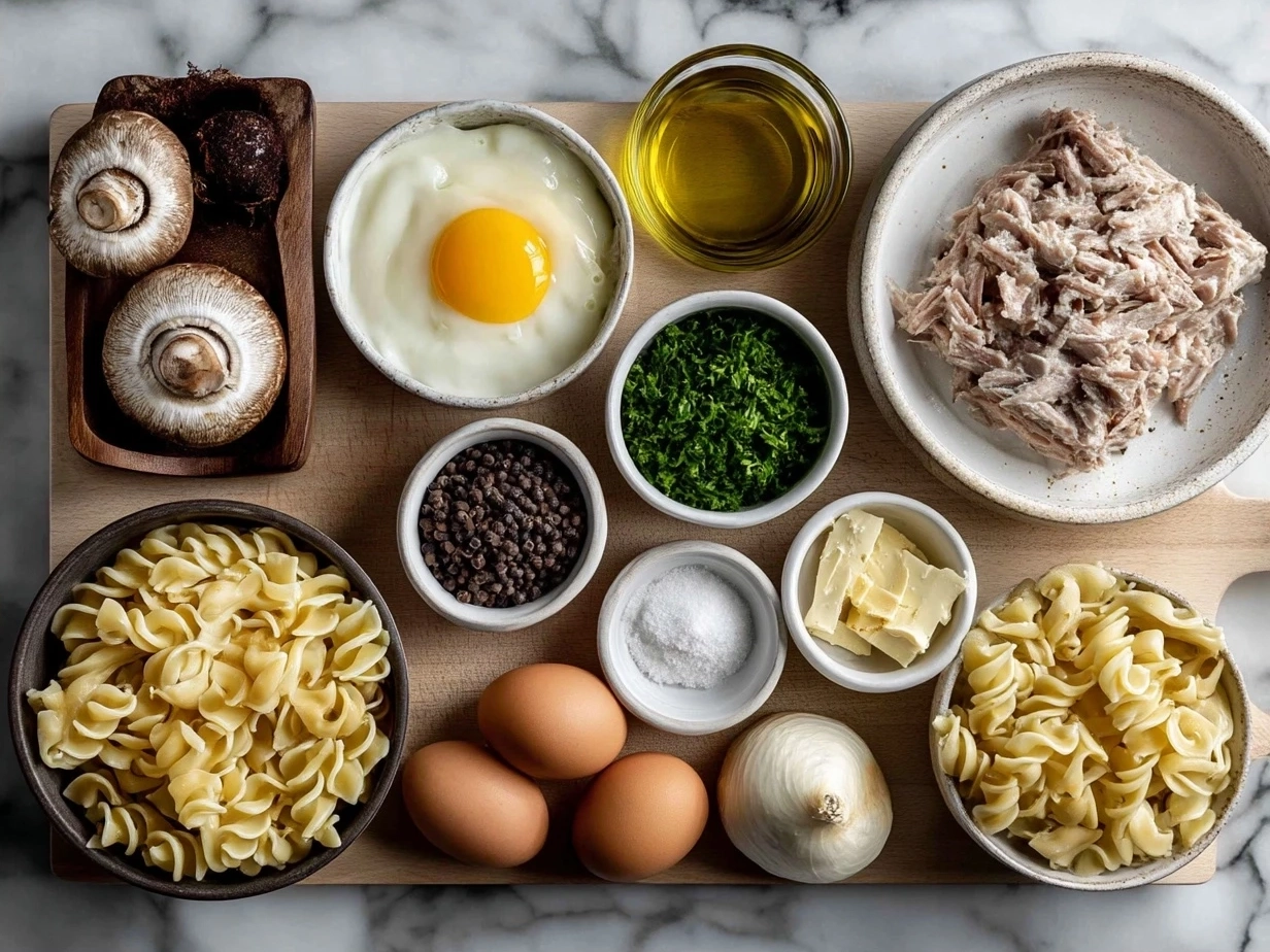 Ingredients for Tuna Noodle Casserole including egg noodles, tuna cans, cream of mushroom soup, peas, cheddar cheese and toppings