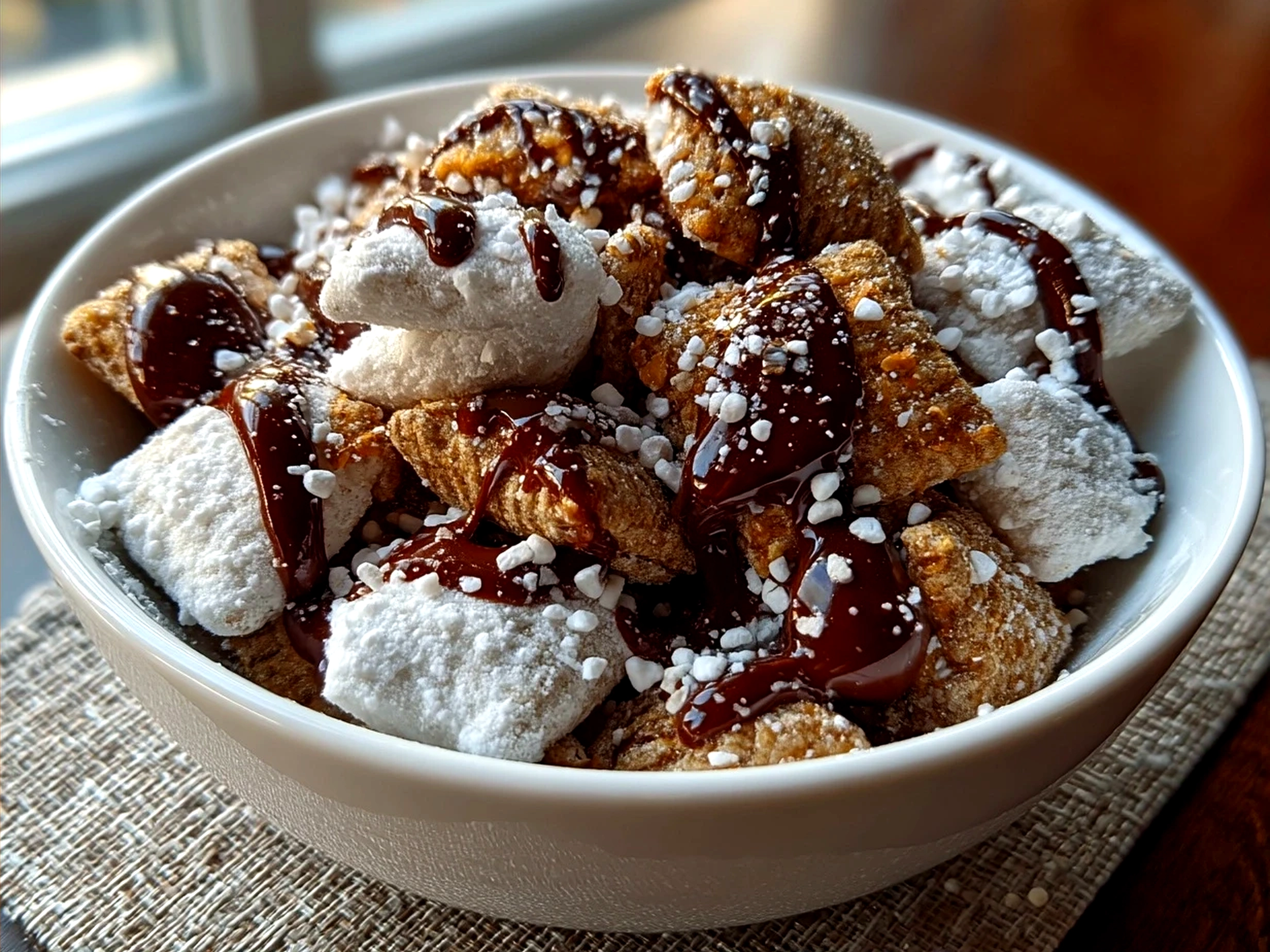 Finishing touch on Valentines Day Muddy Buddies in a festive bowl with heart sprinkles