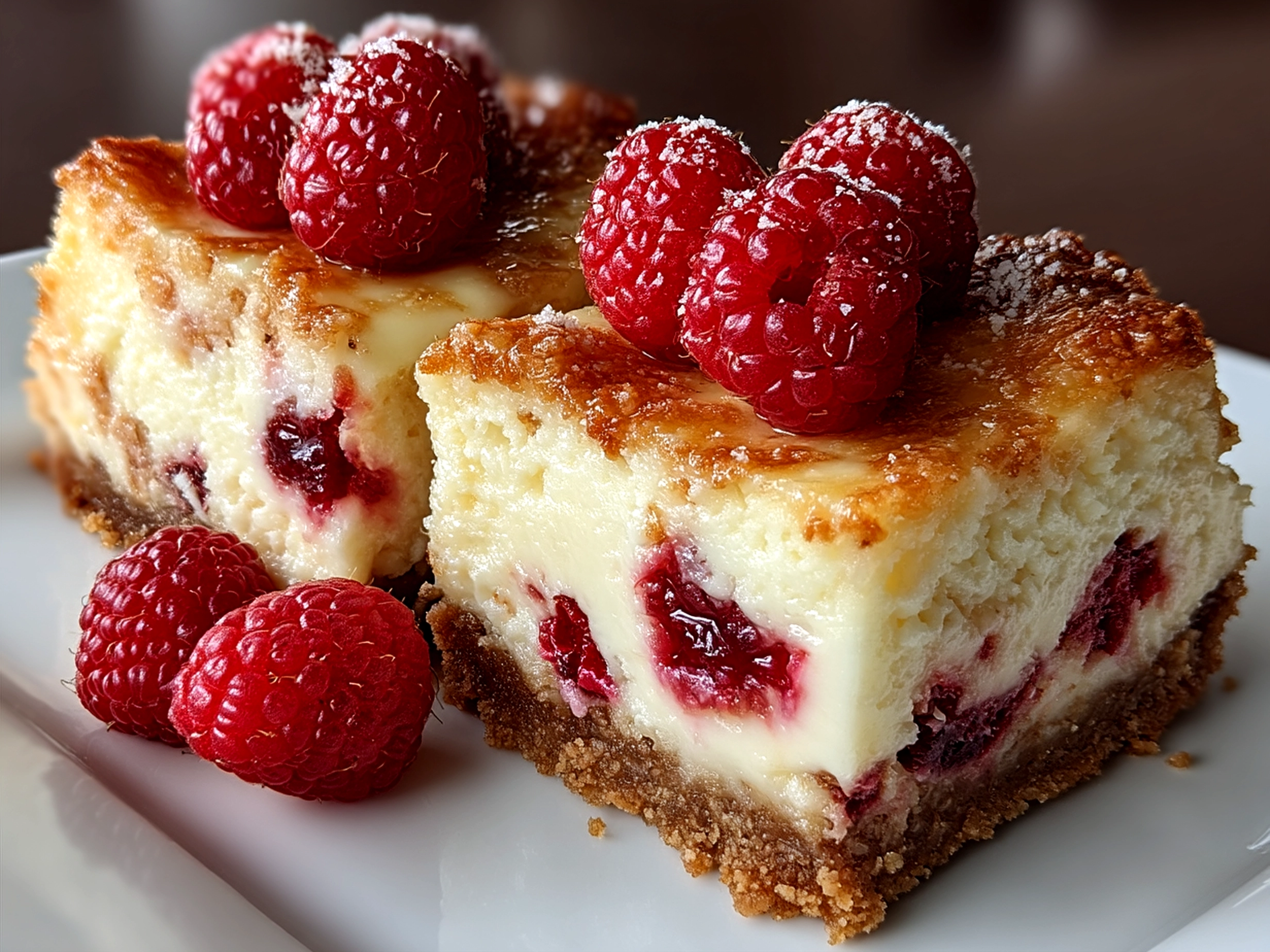 Chilled White Chocolate Raspberry Cheesecake Bars served on a plate