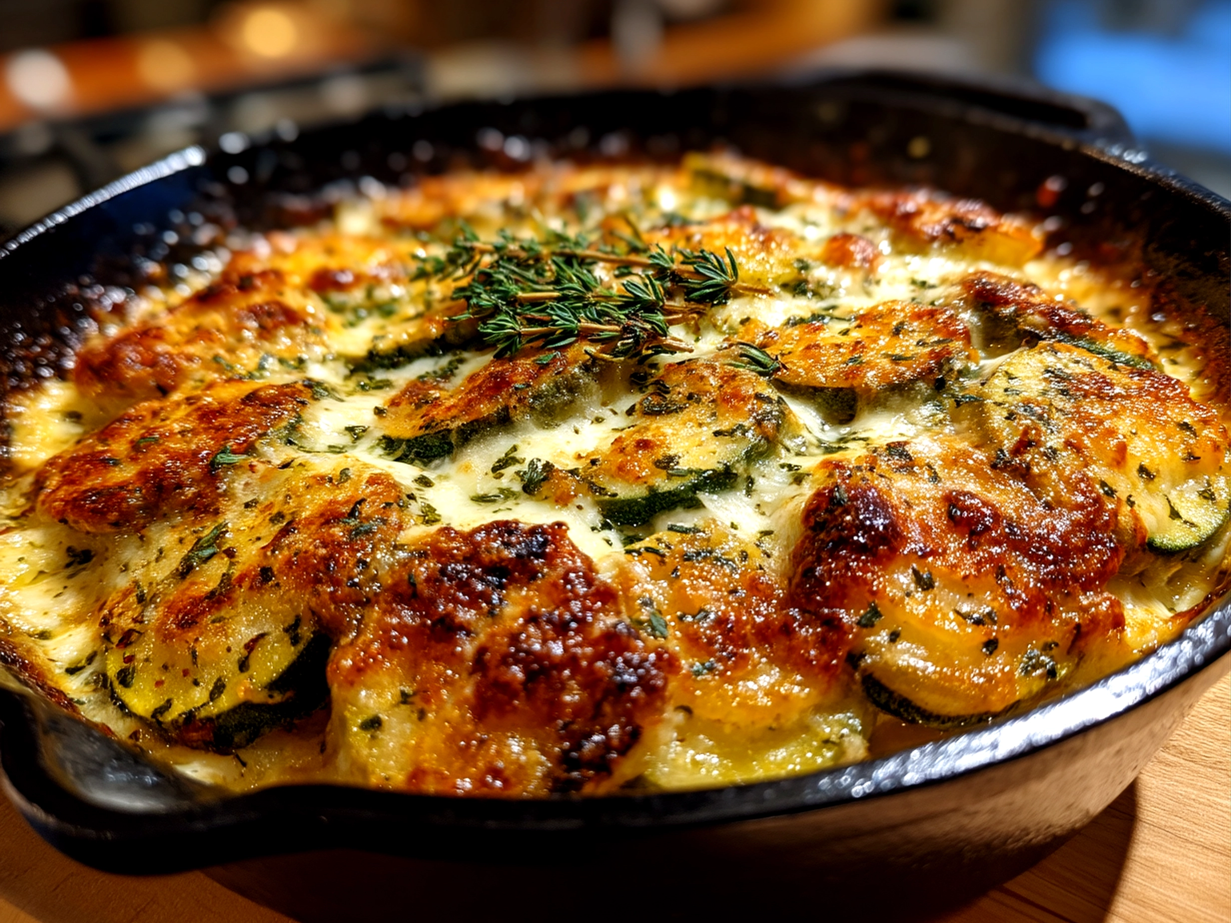 A freshly baked Yellow Squash Parmesan casserole, golden and bubbly, garnished with chopped parsley, ready to serve.