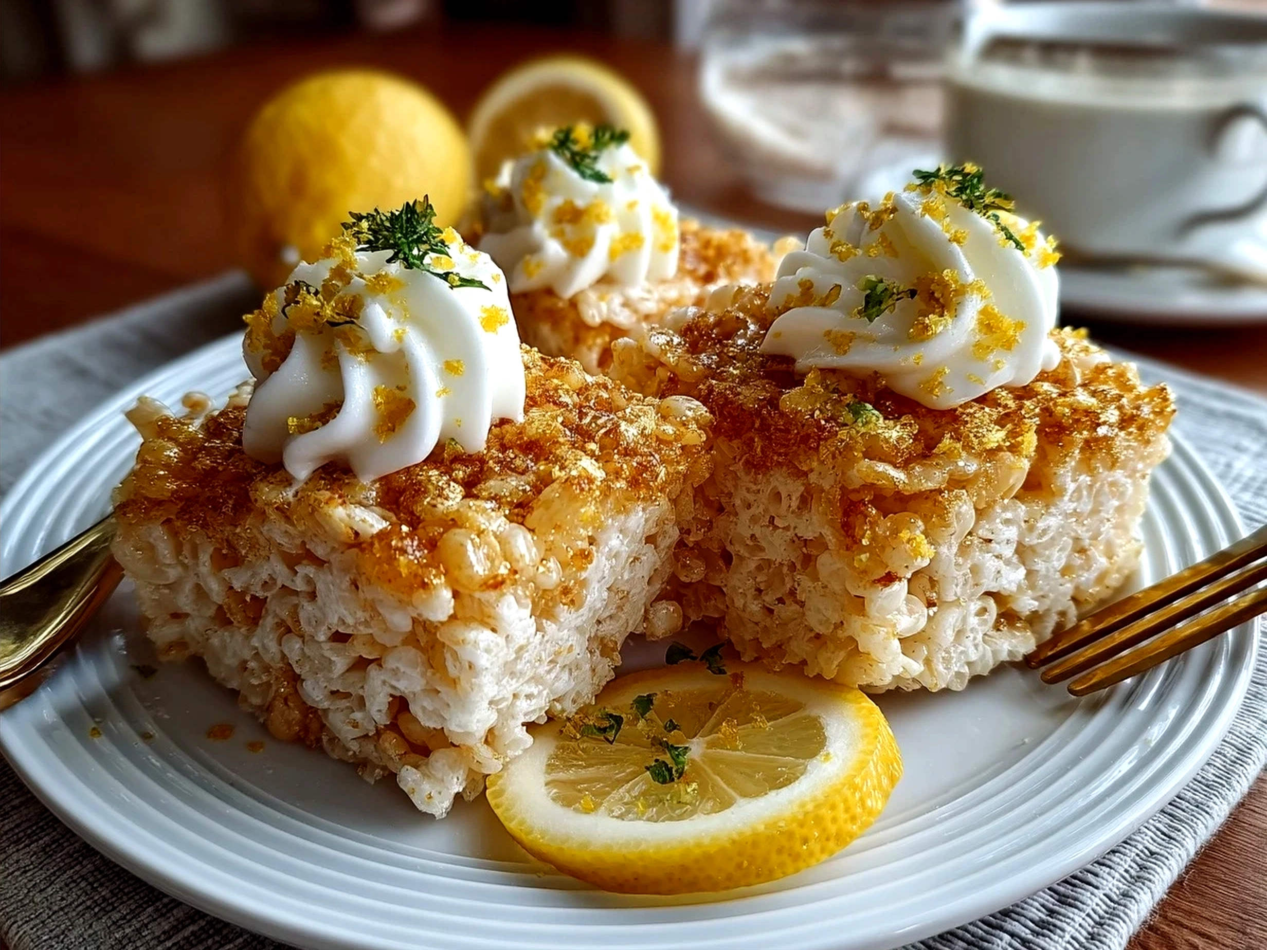 Freshly cut Zesty Lemon Rice Krispie Treats bars ready to serve