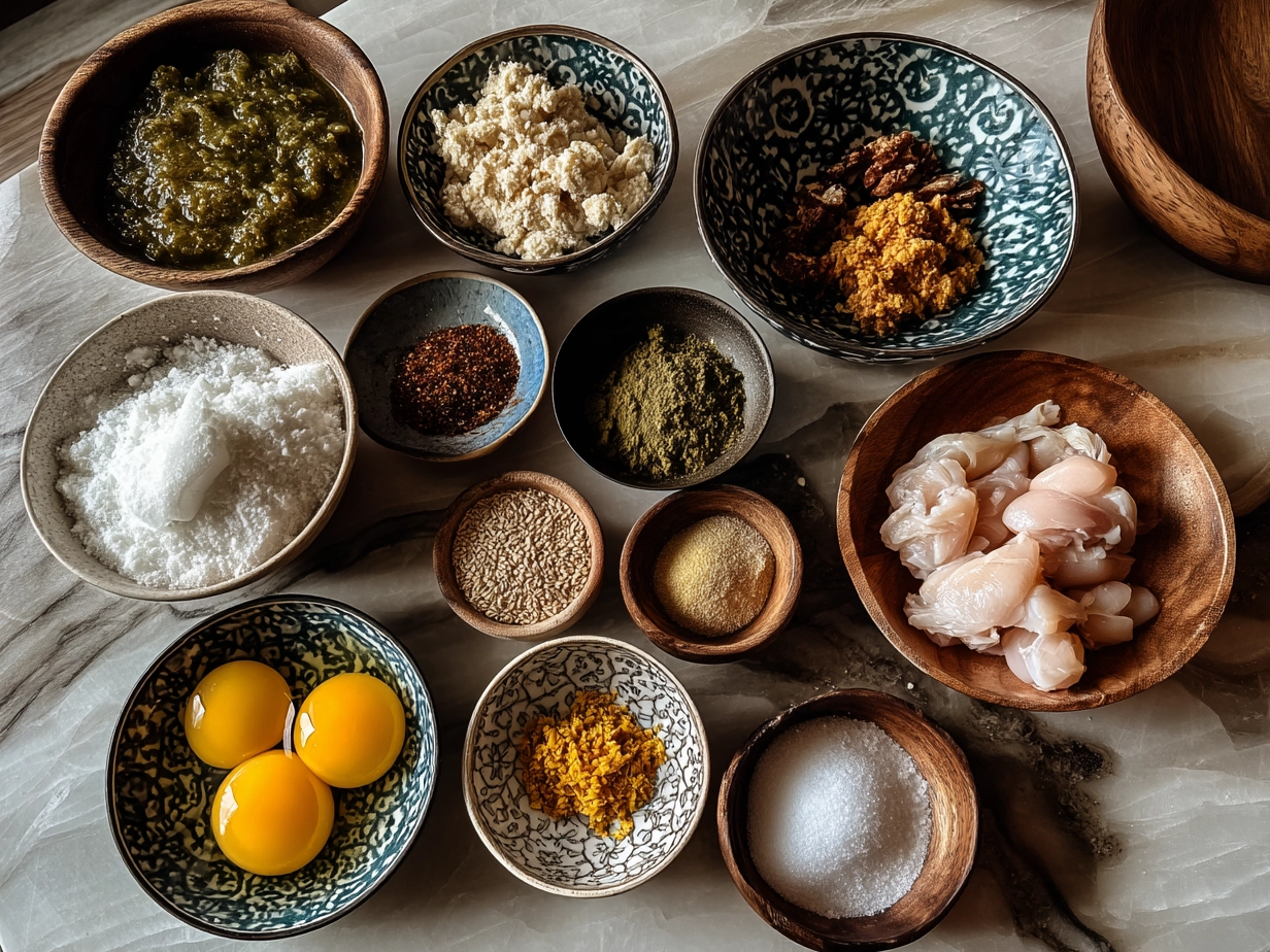 Ingredients for Almond Crusted Chicken Tenders including chicken tenders, almond flour, eggs, and spices