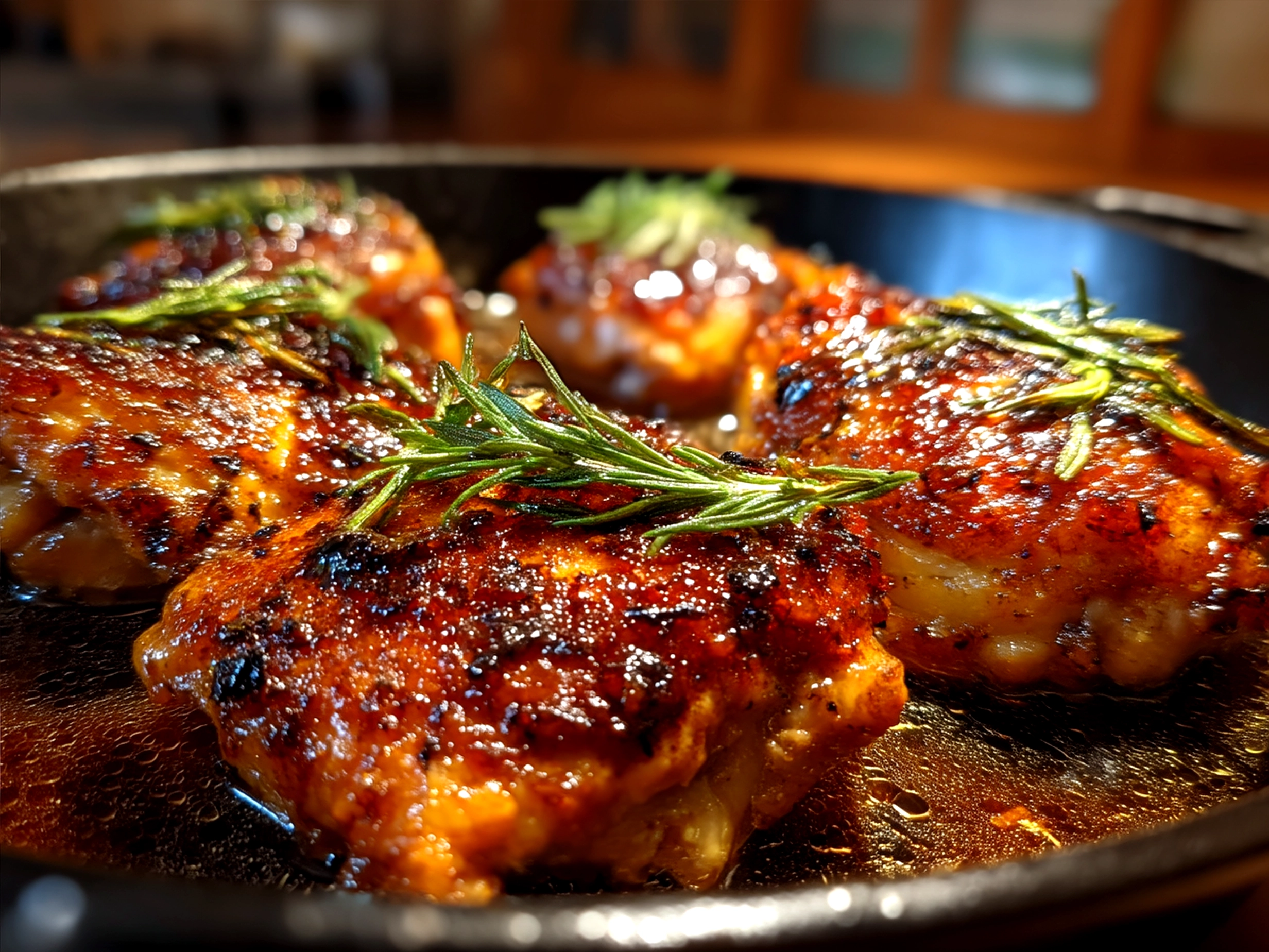 Plated apple cider chicken thighs with apples and herbs ready to serve