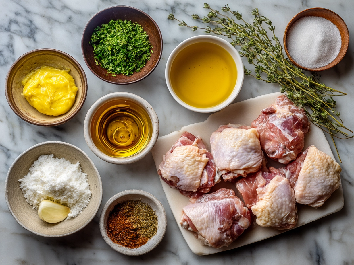 Ingredients for apple cider chicken thighs including chicken, apple cider, apples, garlic, and spices