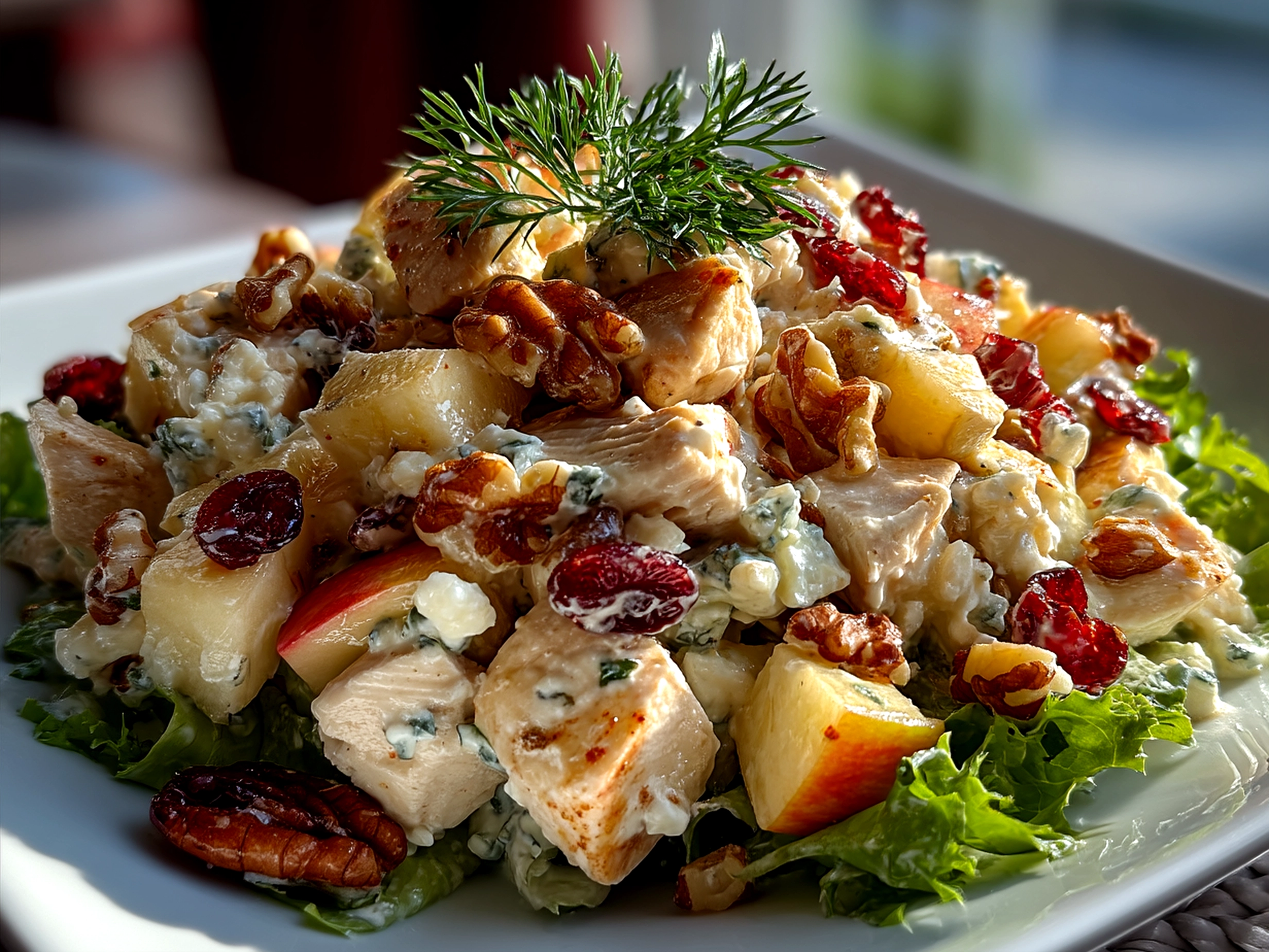 Apple Walnut Chicken Salad served in a bowl with fresh greens and walnuts