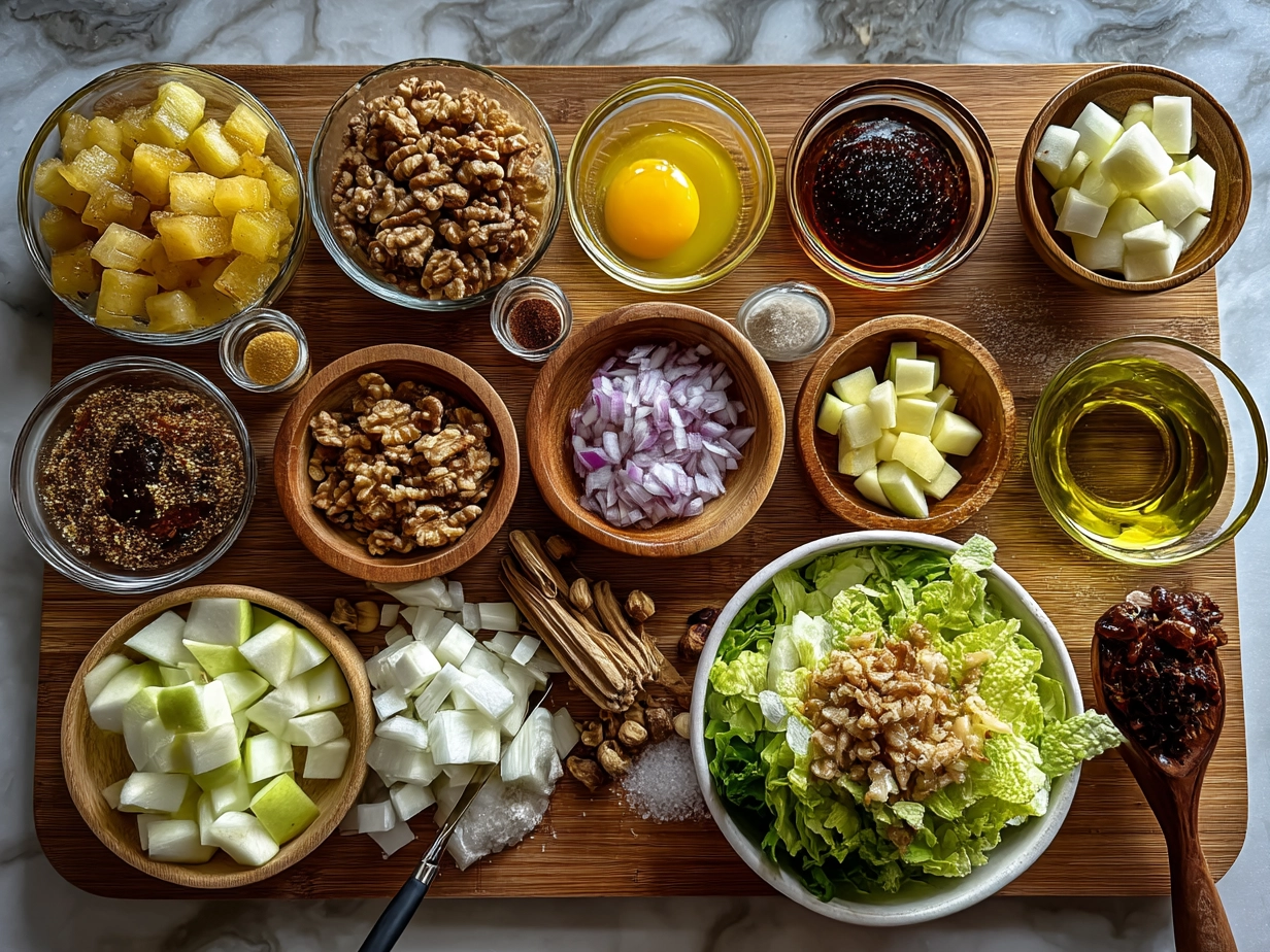 Ingredients for Apple Walnut Chicken Salad including apples, walnuts, chicken, celery, and yogurt