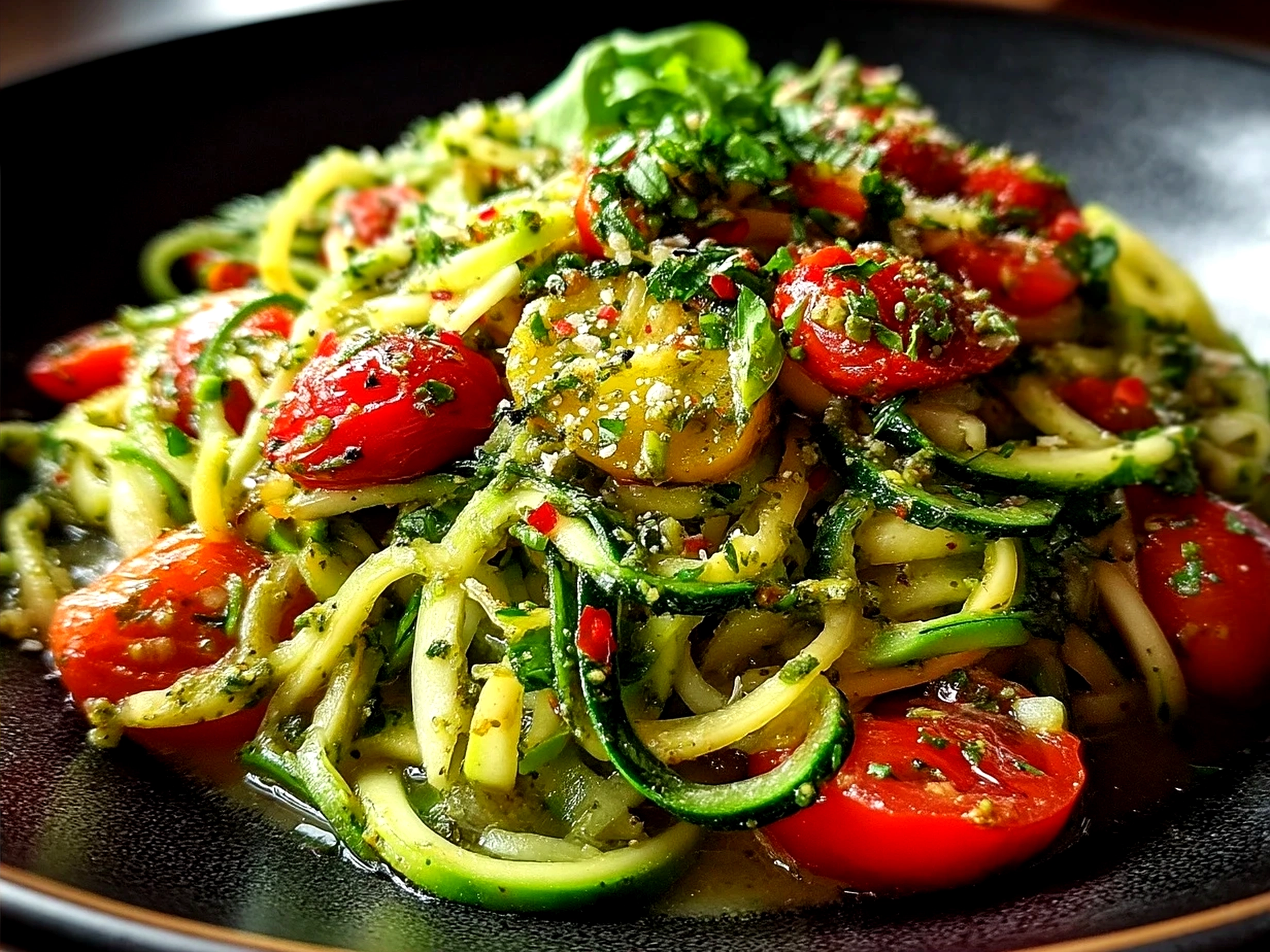 A beautiful serving of Avocado Pesto Zoodles garnished with cherry tomatoes and fresh basil