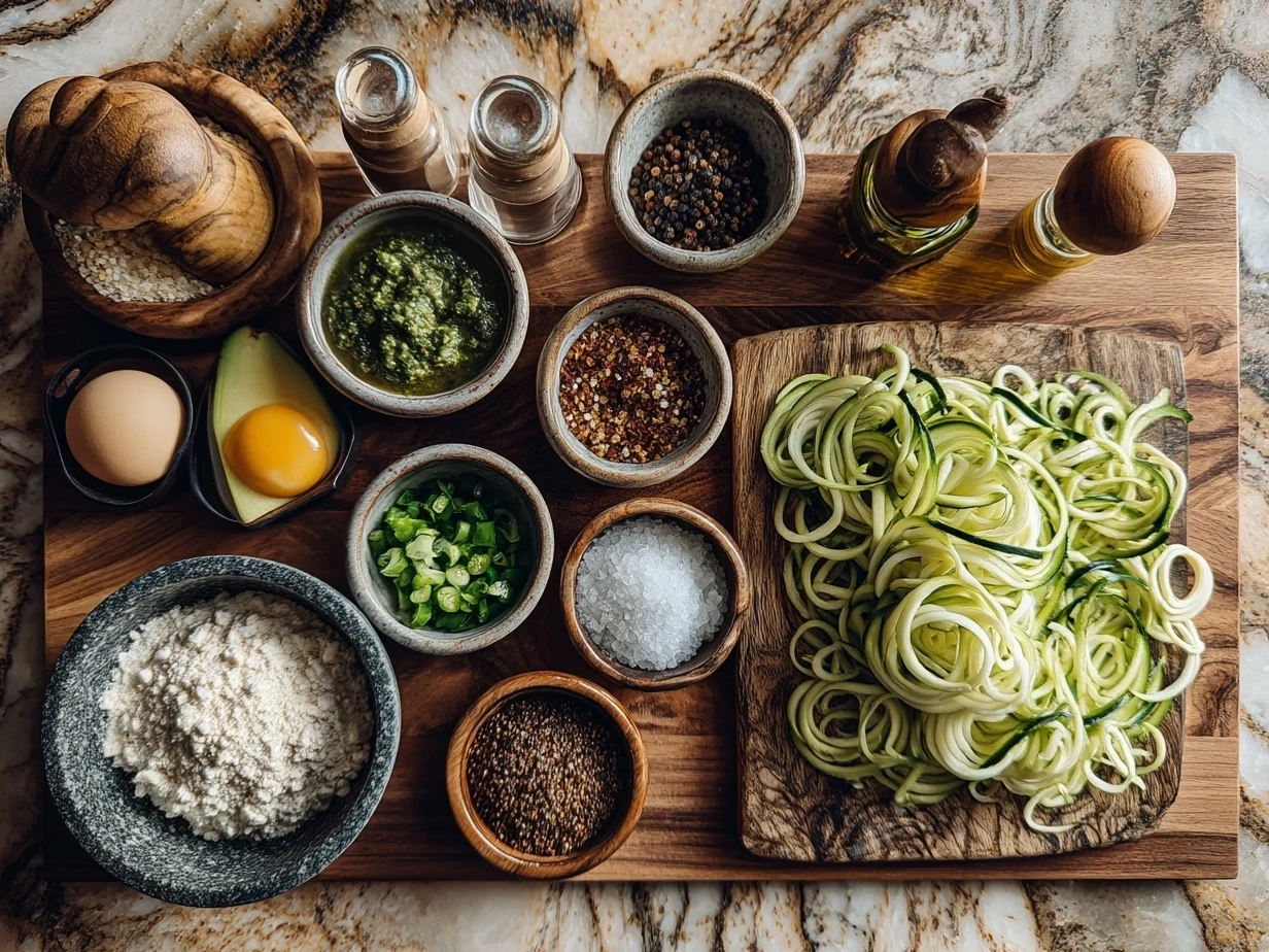 Ingredients laid out for Avocado Pesto Zoodles recipe