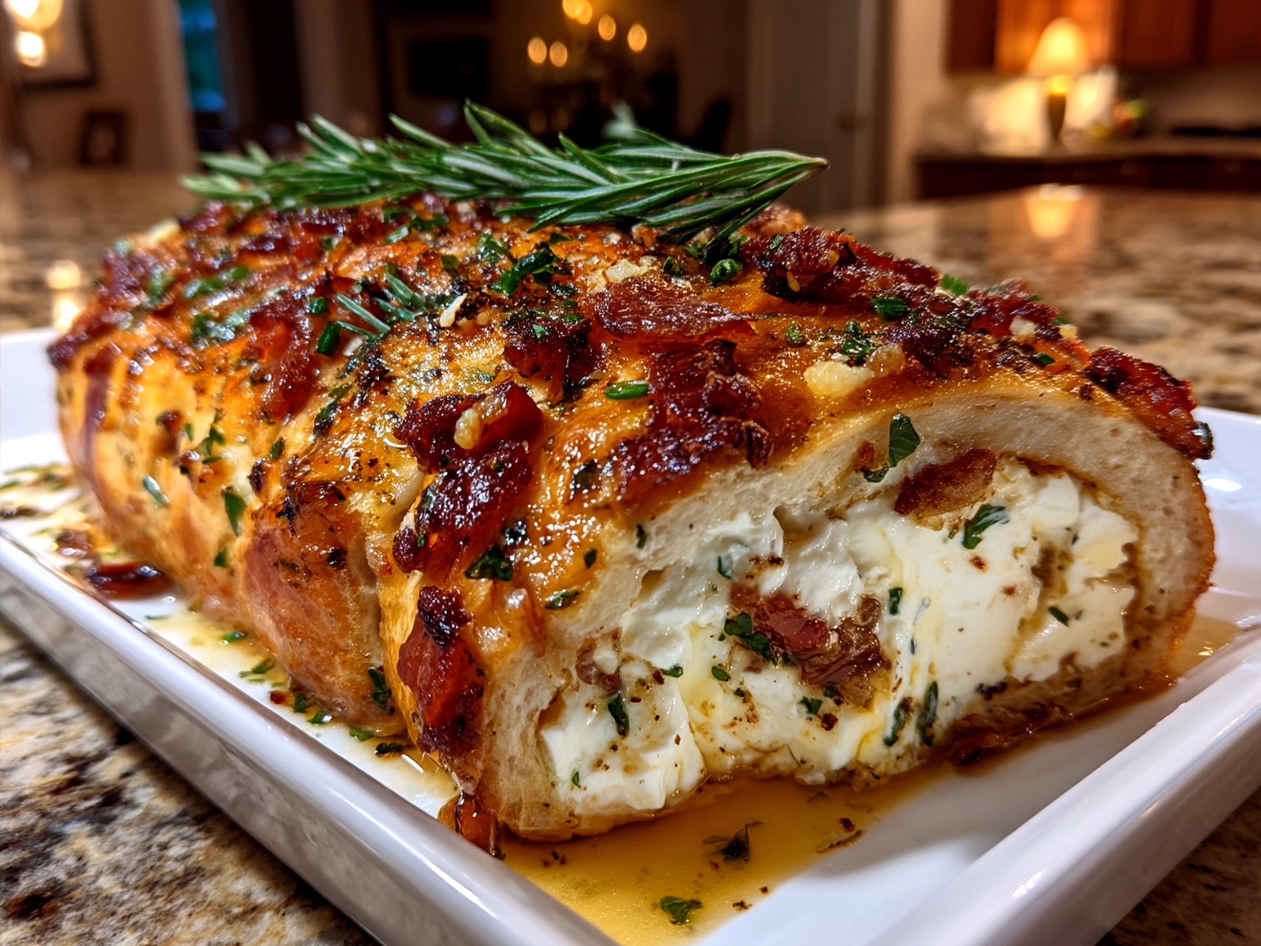 Sliced Bacon Goat Cheese Appetizer Log served on a platter with crackers and fresh herbs