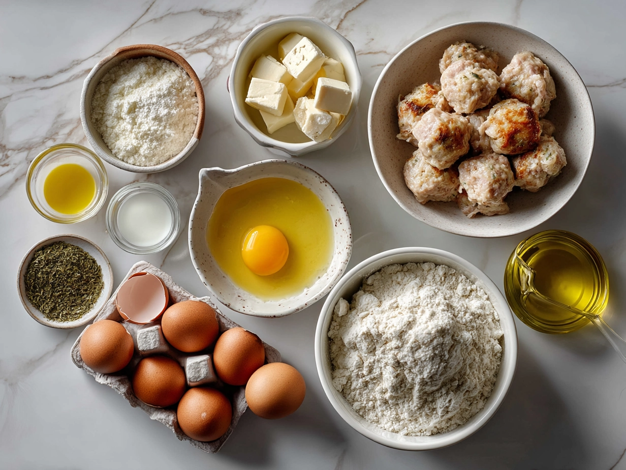 Ingredients for Baked Chicken Ricotta Meatballs including ground chicken, ricotta cheese, breadcrumbs, egg, garlic, Parmesan, parsley, oregano, salt, pepper, and marinara sauce