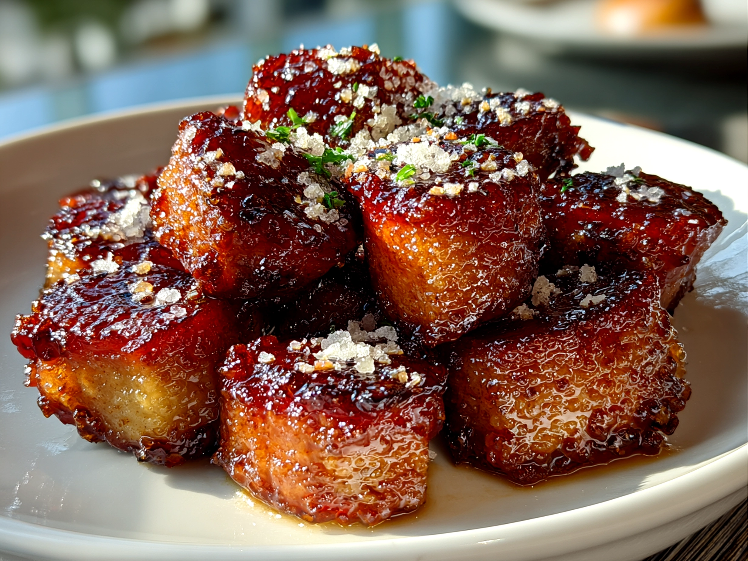 Beautiful candied kielbasa bites on white plate