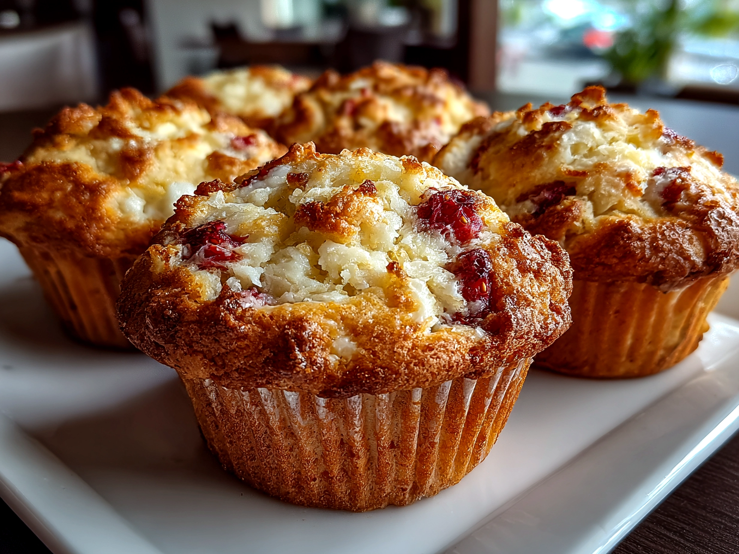 Beautiful freshly baked Strawberry White Chocolate Muffins