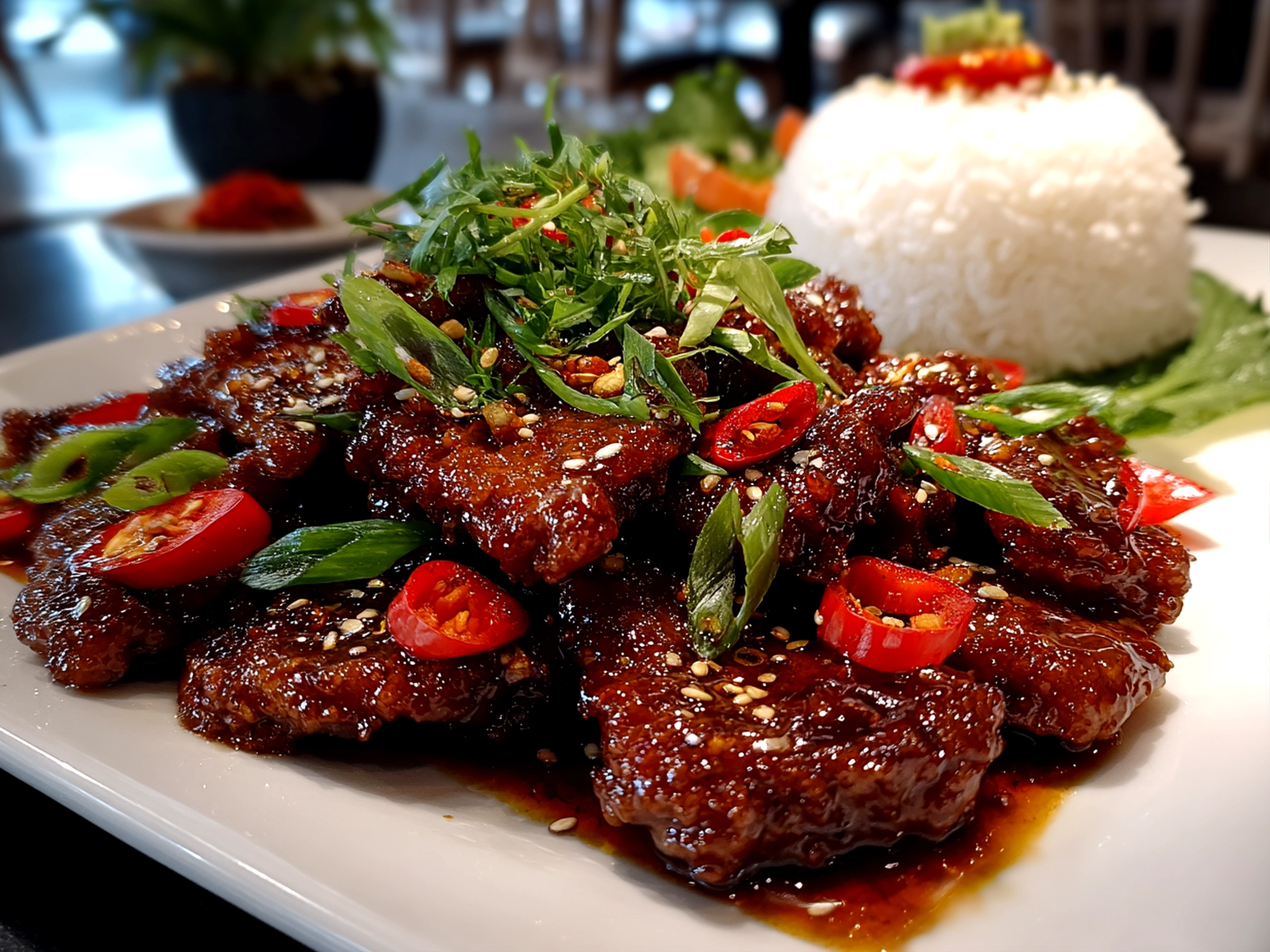 Beautiful freshly prepared Crispy Chilli Beef on white plate
