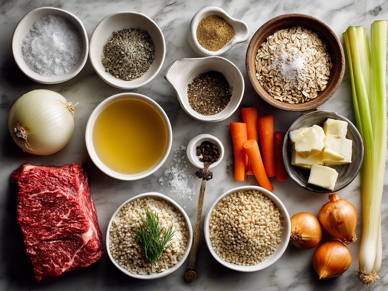 Ingredients laid out for beef and barley soup including beef stew meat, vegetables, barley, and seasonings