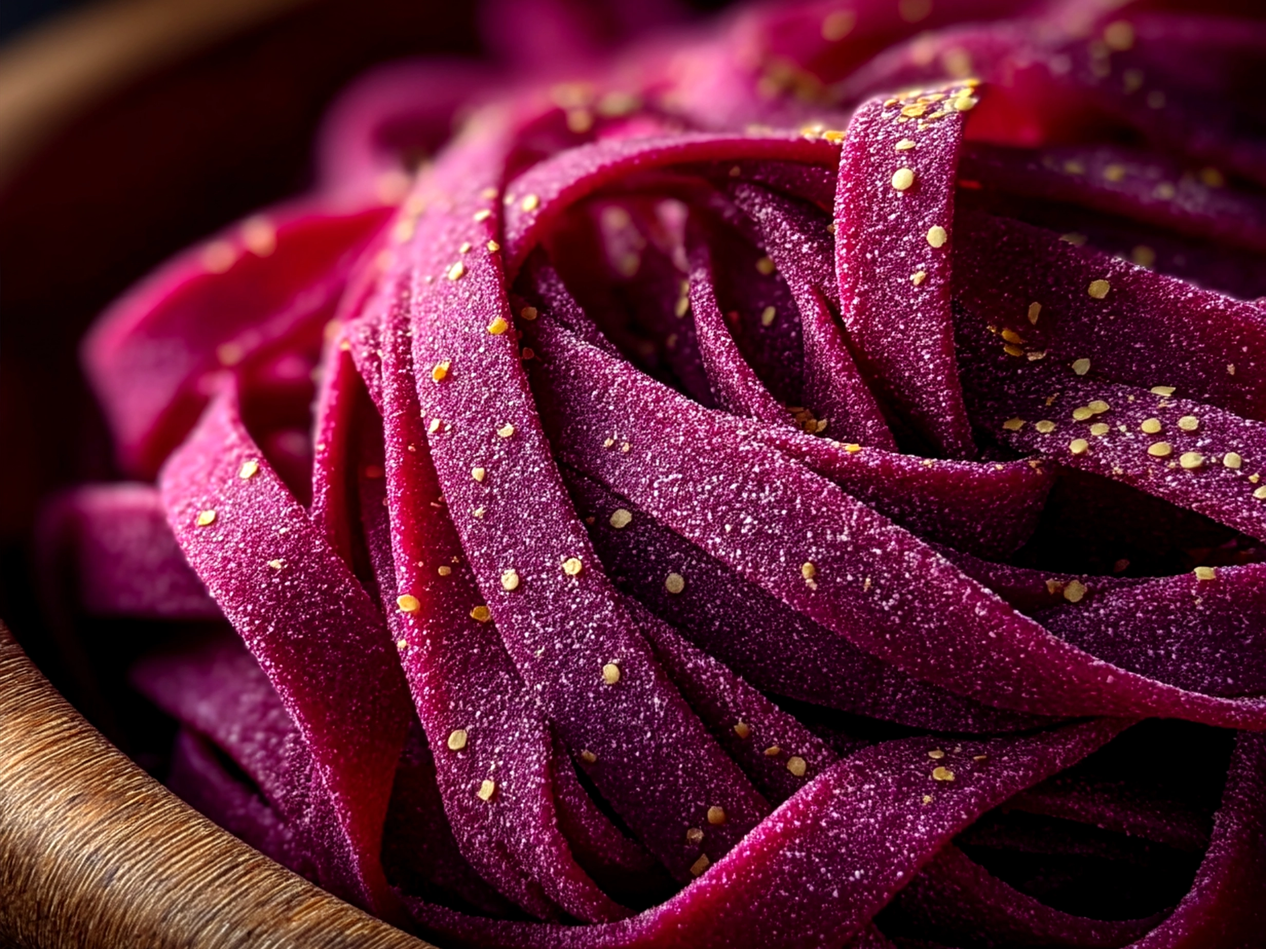 Served vibrant beet pasta garnished with fresh herbs