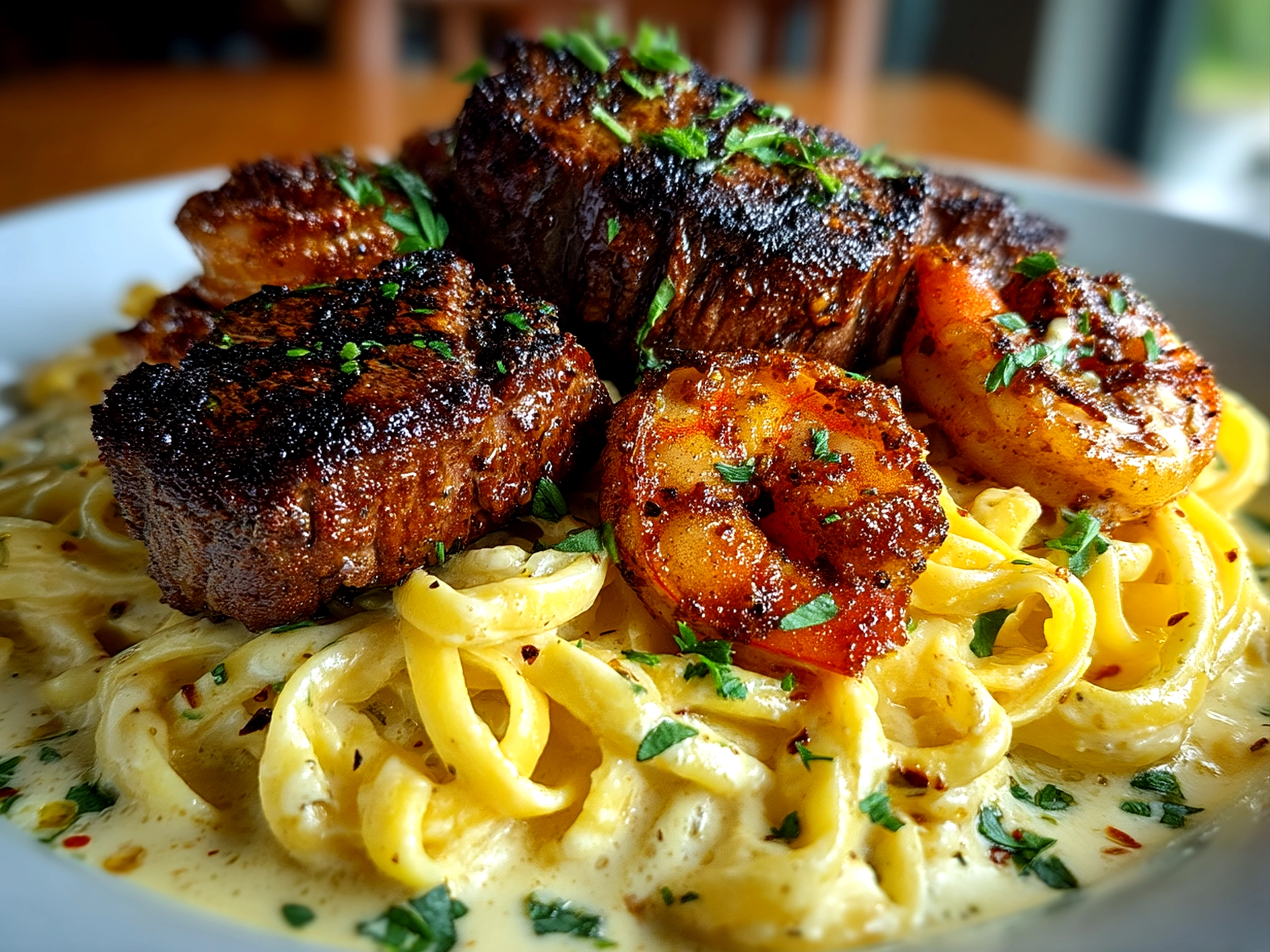 Served Blackened Steak Shrimp Alfredo garnished with parsley alongside a fresh green salad