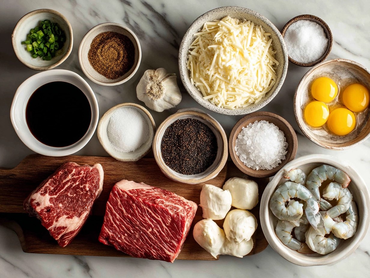Ingredients for Blackened Steak Shrimp Alfredo including fettuccine, shrimp, steak, butter, garlic, cream, and Parmesan cheese
