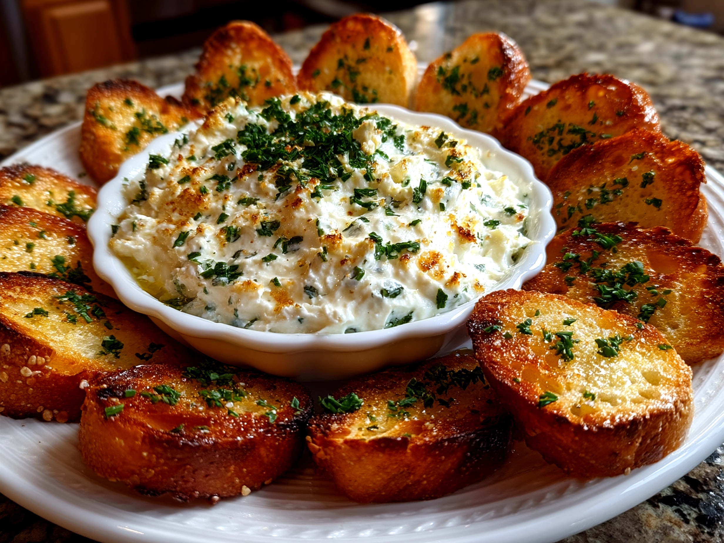 Serving Boursin Dip with Crostini garnished with fresh chives and crostini arranged on a wooden board