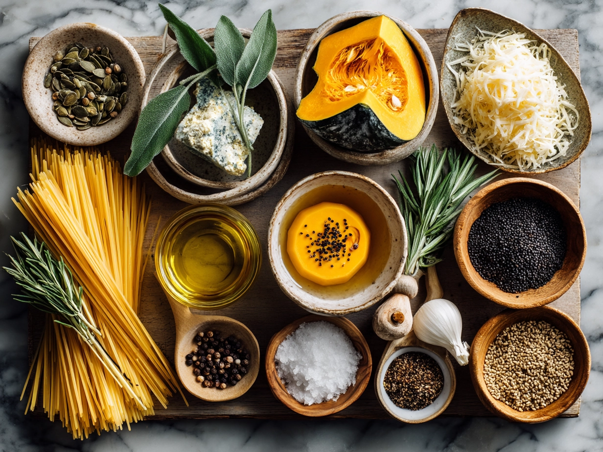 Ingredients laid out for Butternut Squash Sage Pasta including butternut squash, olive oil, sage, butter, garlic, cream, vegetable broth, Parmigiano-Reggiano, pasta
