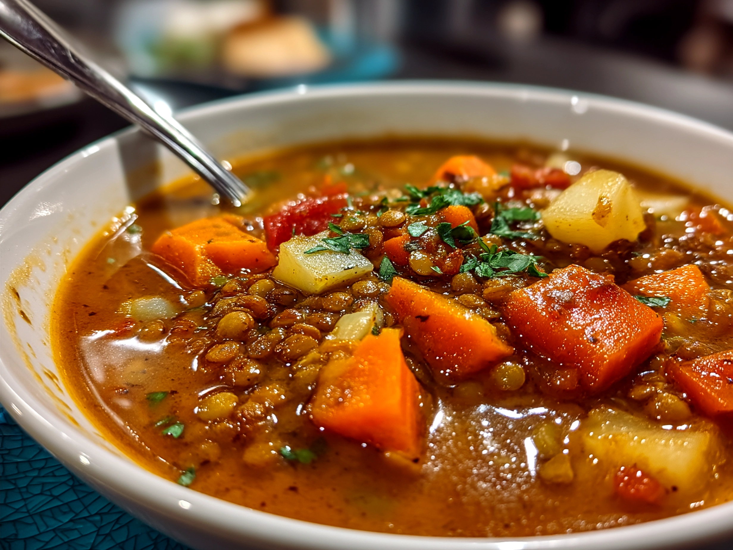 Bowl of carrot and lentil soup garnished with fresh parsley, served with bread