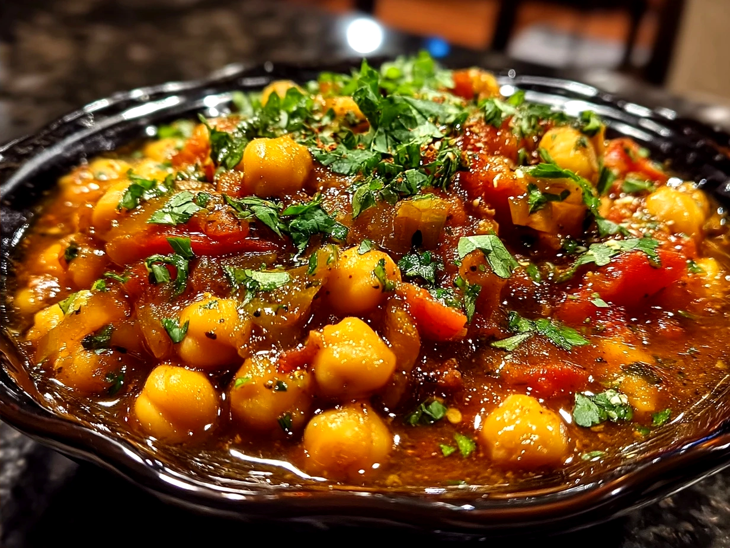 Serving Indian chickpea curry Chana Masala with rice and garnishes