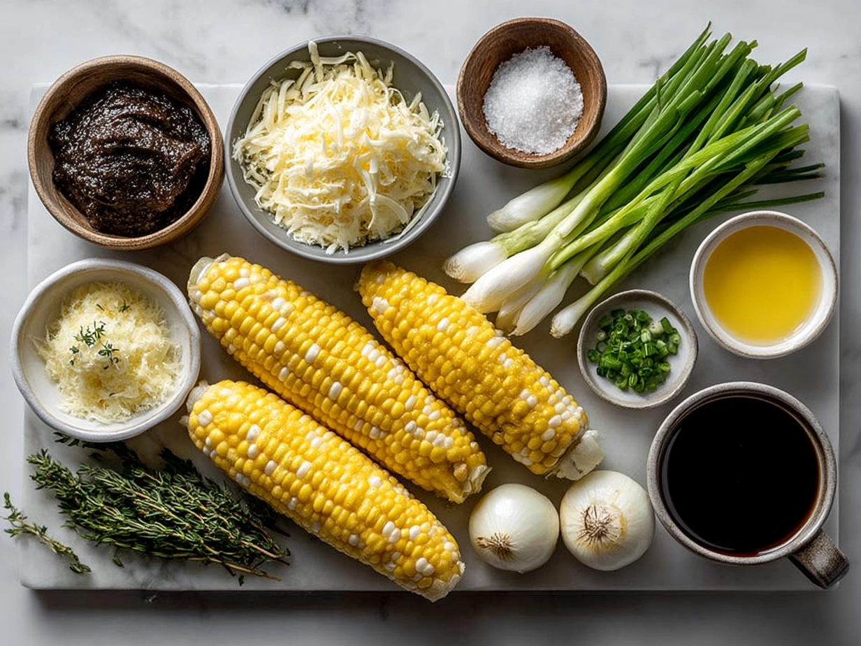 Ingredients for Cheesy Corn Ribs including fresh corn, cheese, butter, and spices