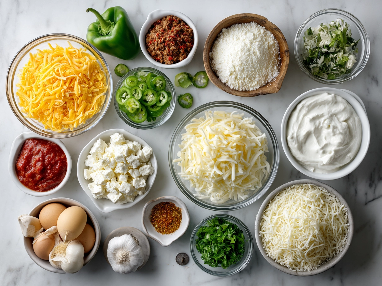Ingredients for Cheesy Rotel Ranch Queso including Velveeta cheese, Rotel tomatoes, ranch seasoning, shredded cheddar, and milk