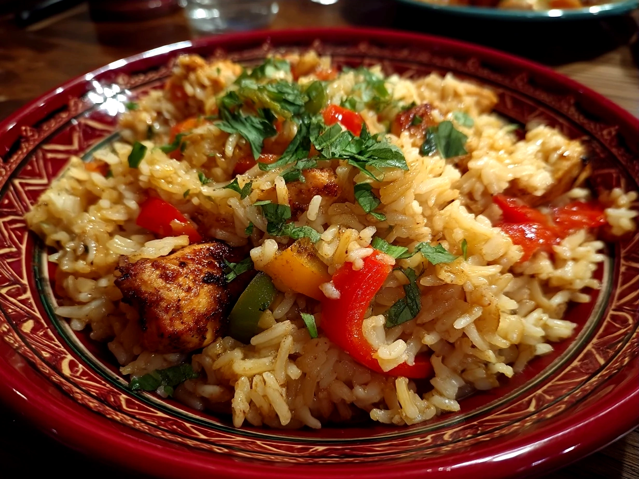 Served Chicken Fajita Rice in a bowl with fresh cilantro and lime wedges