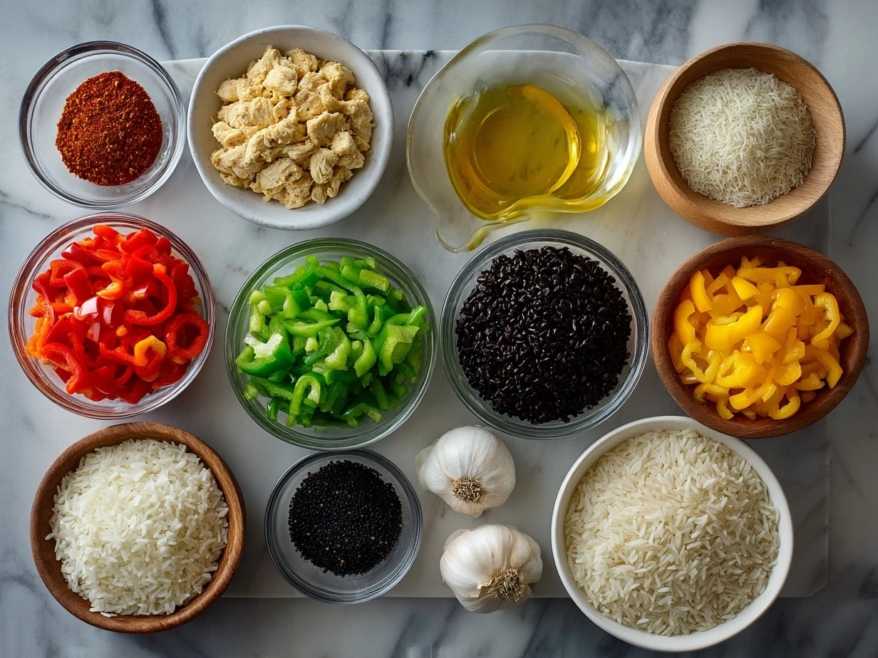 Fresh ingredients for Chicken Fajita Rice including sliced bell peppers, chicken, rice, and seasoning