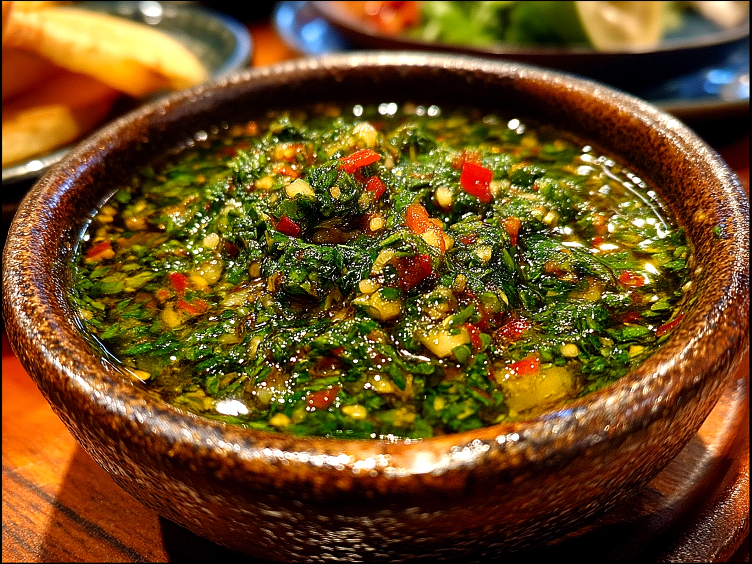 Chimichurri sauce drizzled over grilled steak and vegetables, ready to serve