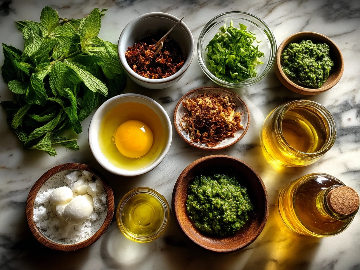 Fresh ingredients for Chimichurri Sauce including parsley, cilantro, garlic, oregano, olive oil, and red wine vinegar