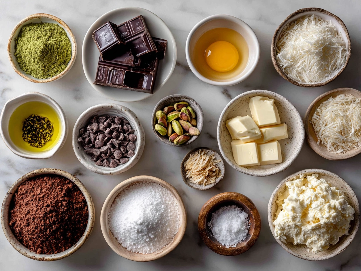 Ingredients for making Chocolate Kataifi Bark showing kataifi pastry, chopped nuts, chocolate, honey, and butter