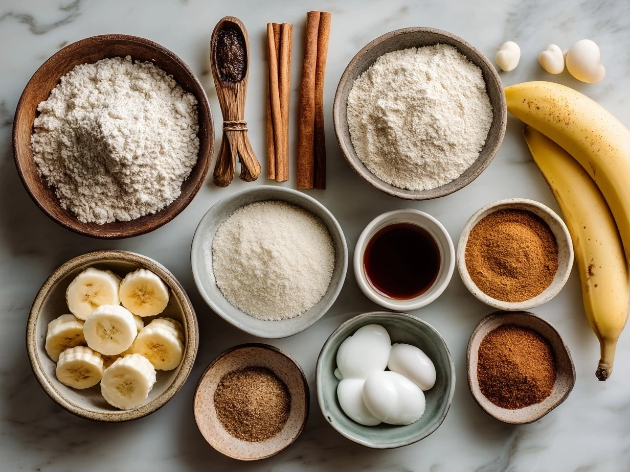 Ingredients for cinnamon swirl banana bread displayed in bowls and spoons