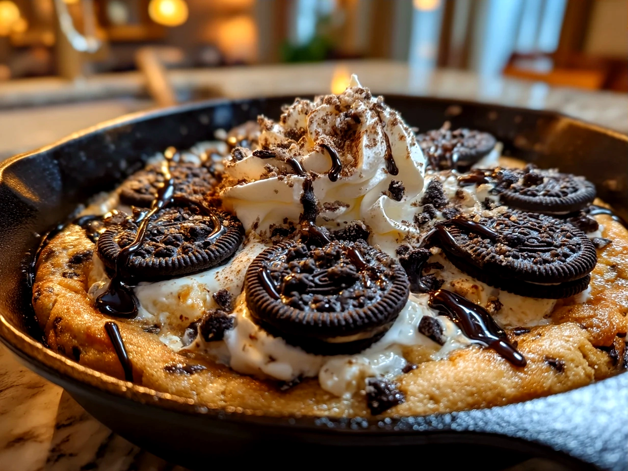 Cookies Cream Skillet Cookie served warm out of skillet with ice cream
