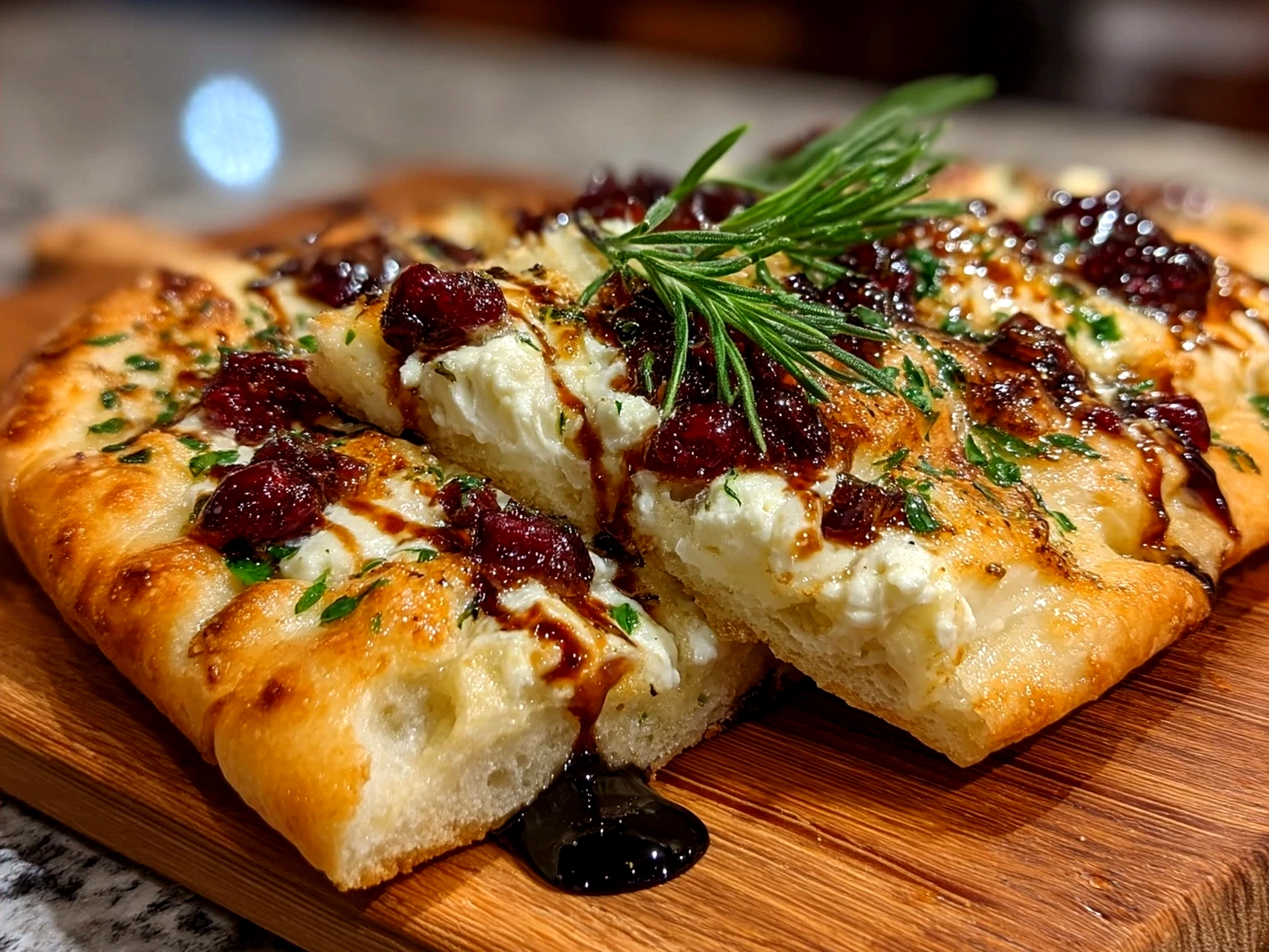 Serving Cranberry Brie Flatbread with garnishes and herbs