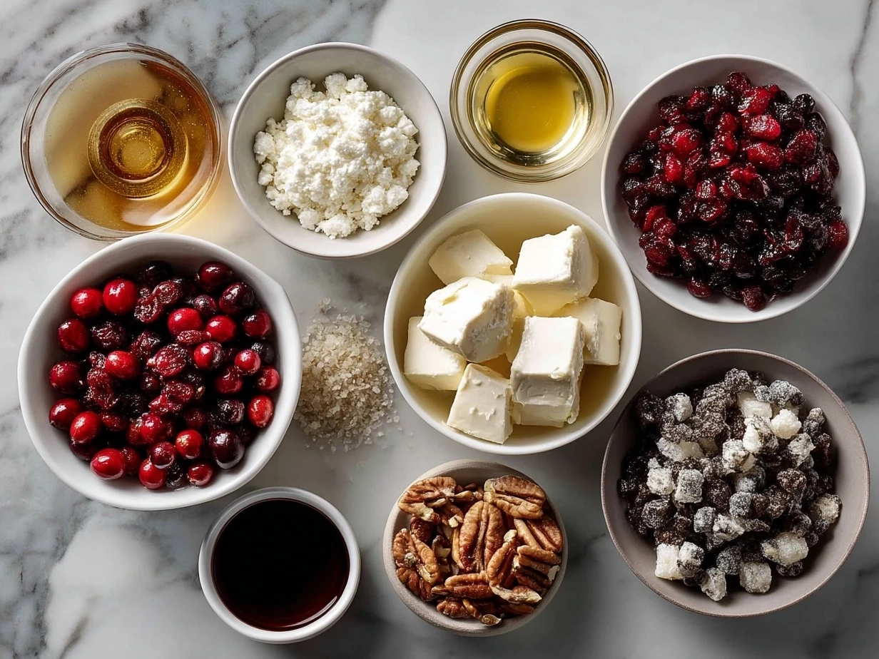 Ingredients for Cranberry Brie Flatbread with flatbread, brie cheese, cranberry sauce and nuts