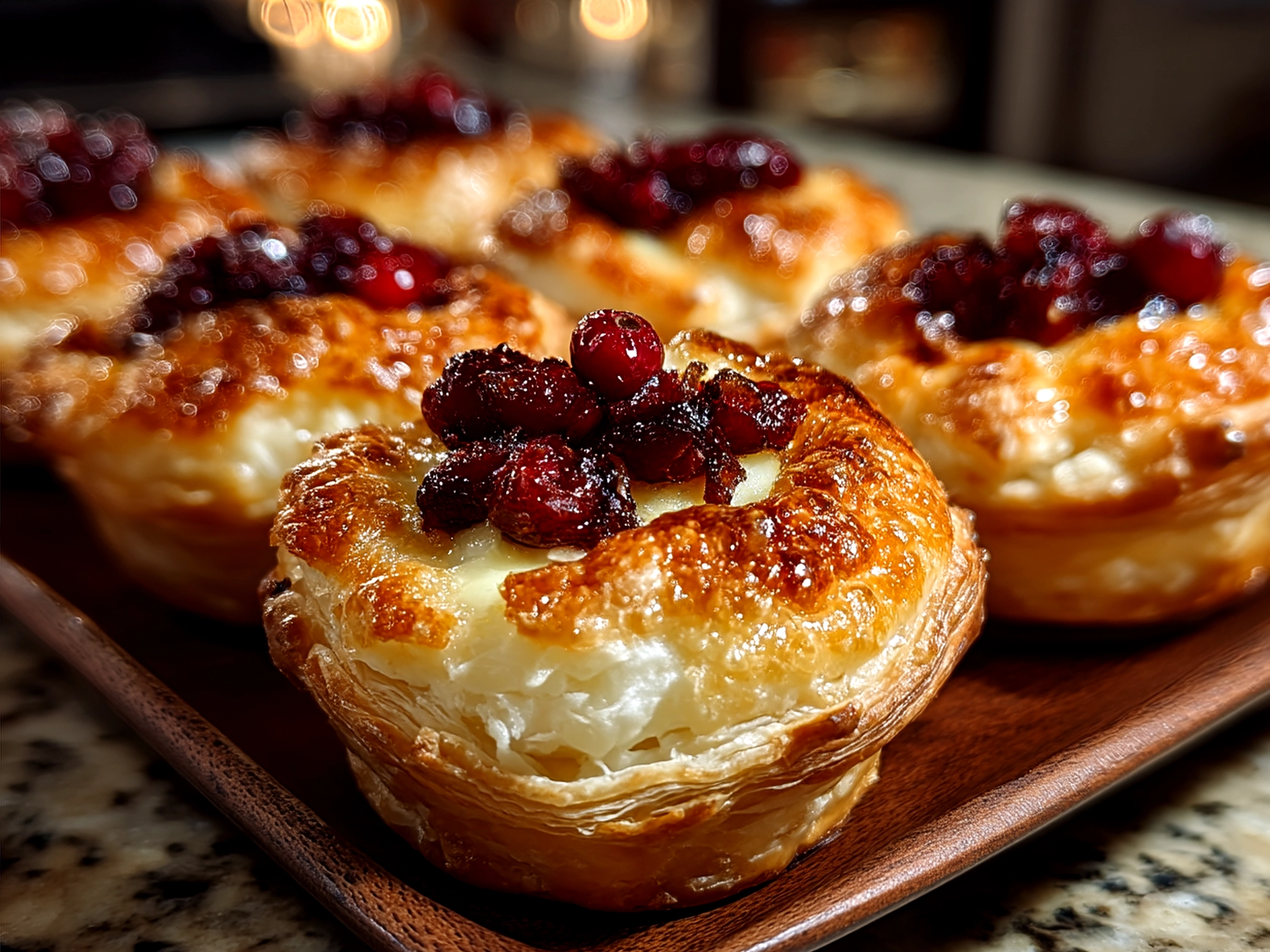 Plated Cranberry Brie Puff Pastry Cups garnished with fresh thyme
