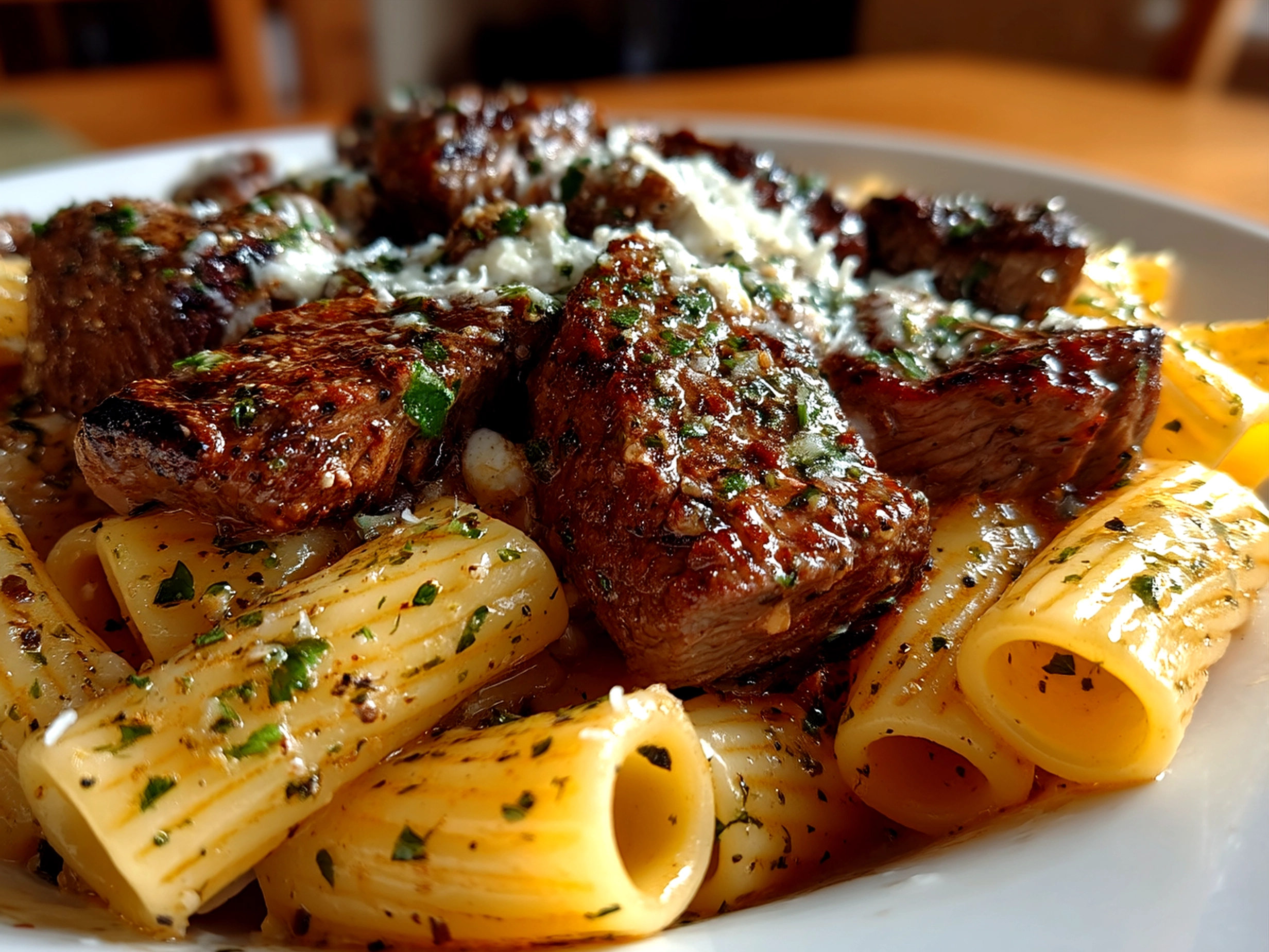 Creamy Garlic Butter Steak Rigatoni served with garnish and sides