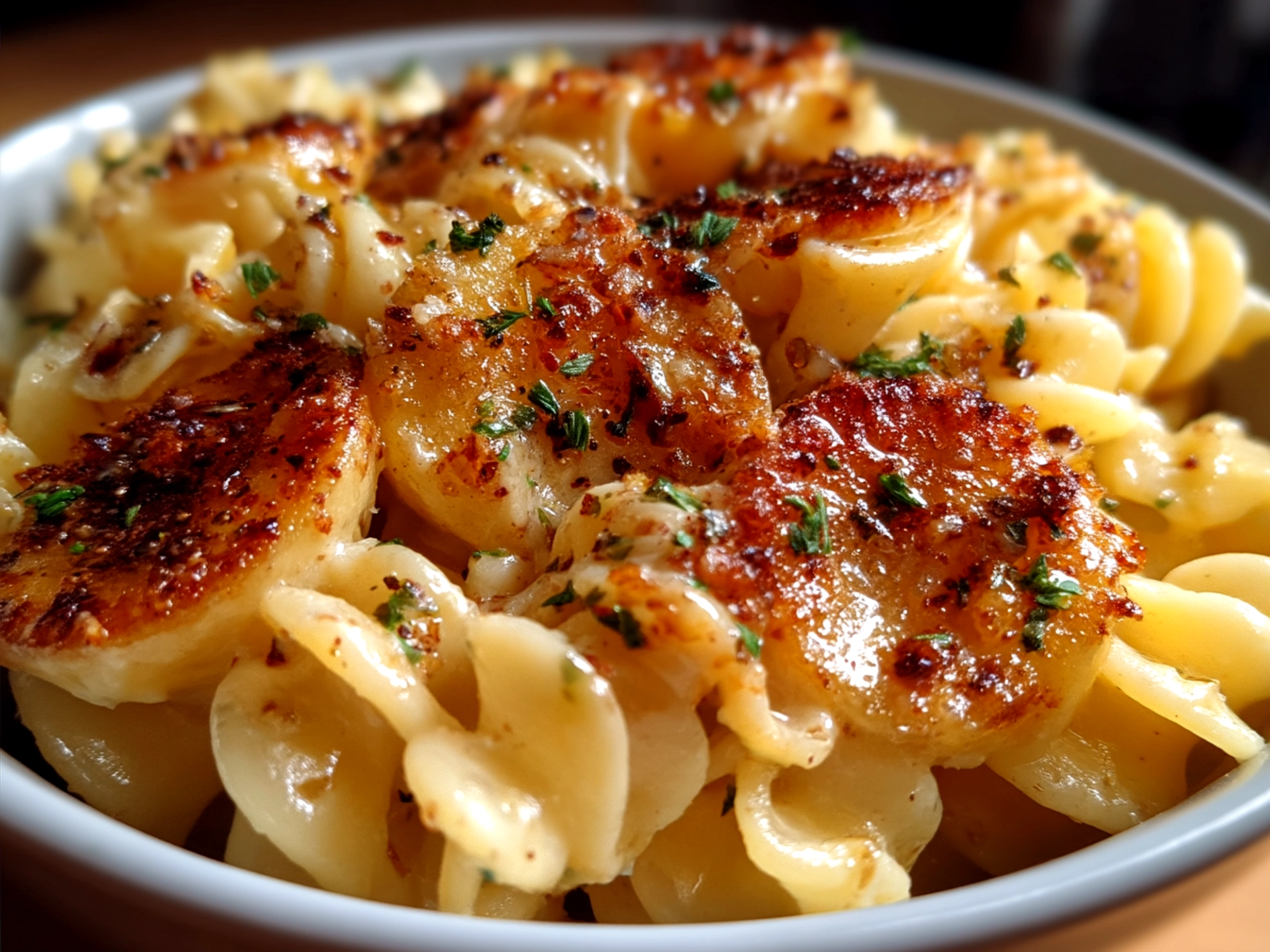 Creamy roast garlic and lemon pasta sauce served with penne pasta and garnished with fresh parsley