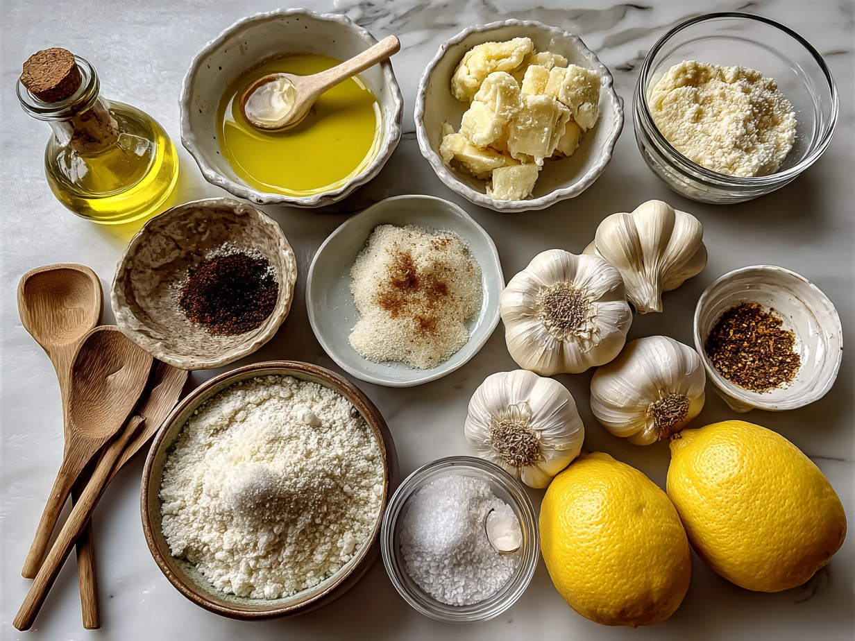 Ingredients laid out for creamy roast garlic and lemon pasta sauce
