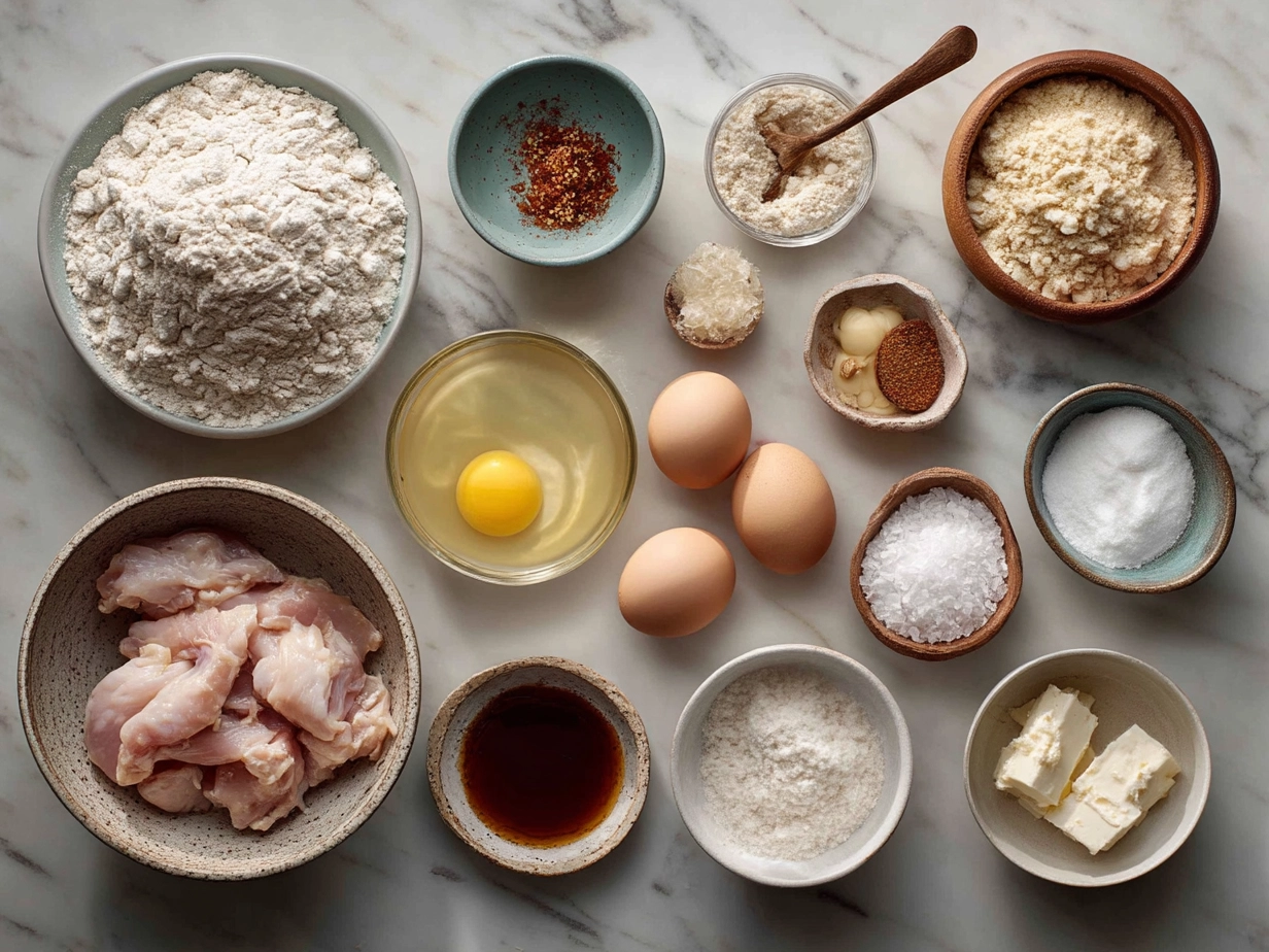 Ingredients for Crispy Chicken Waffles laid out including chicken breasts, buttermilk, flour, spices, eggs, milk, butter, and vegetable oil