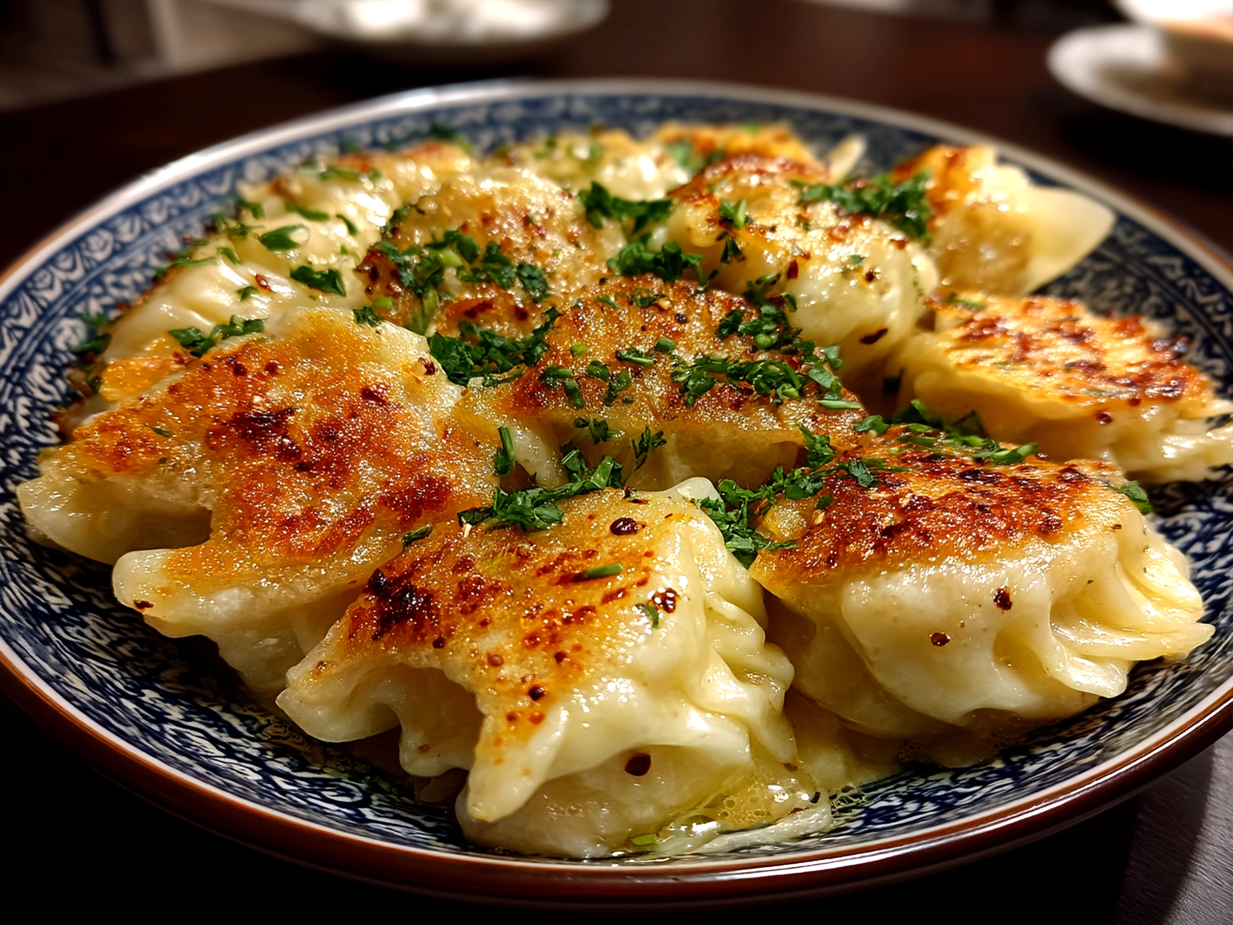 Plate of golden Crispy Rice Paper Dumplings served with dipping sauce