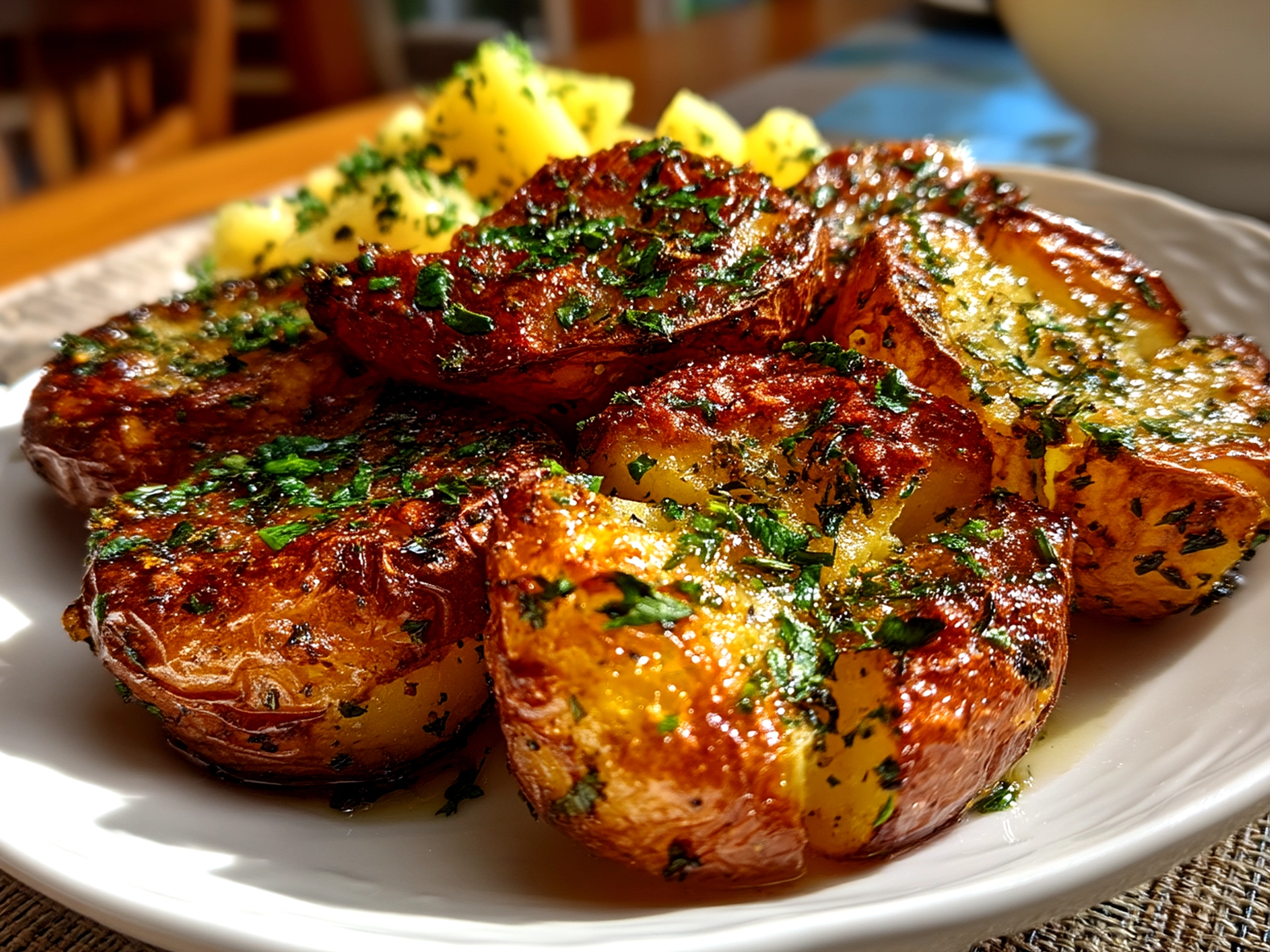 Plate of golden crispy smashed red potatoes garnished with fresh herbs served as a delicious side dish