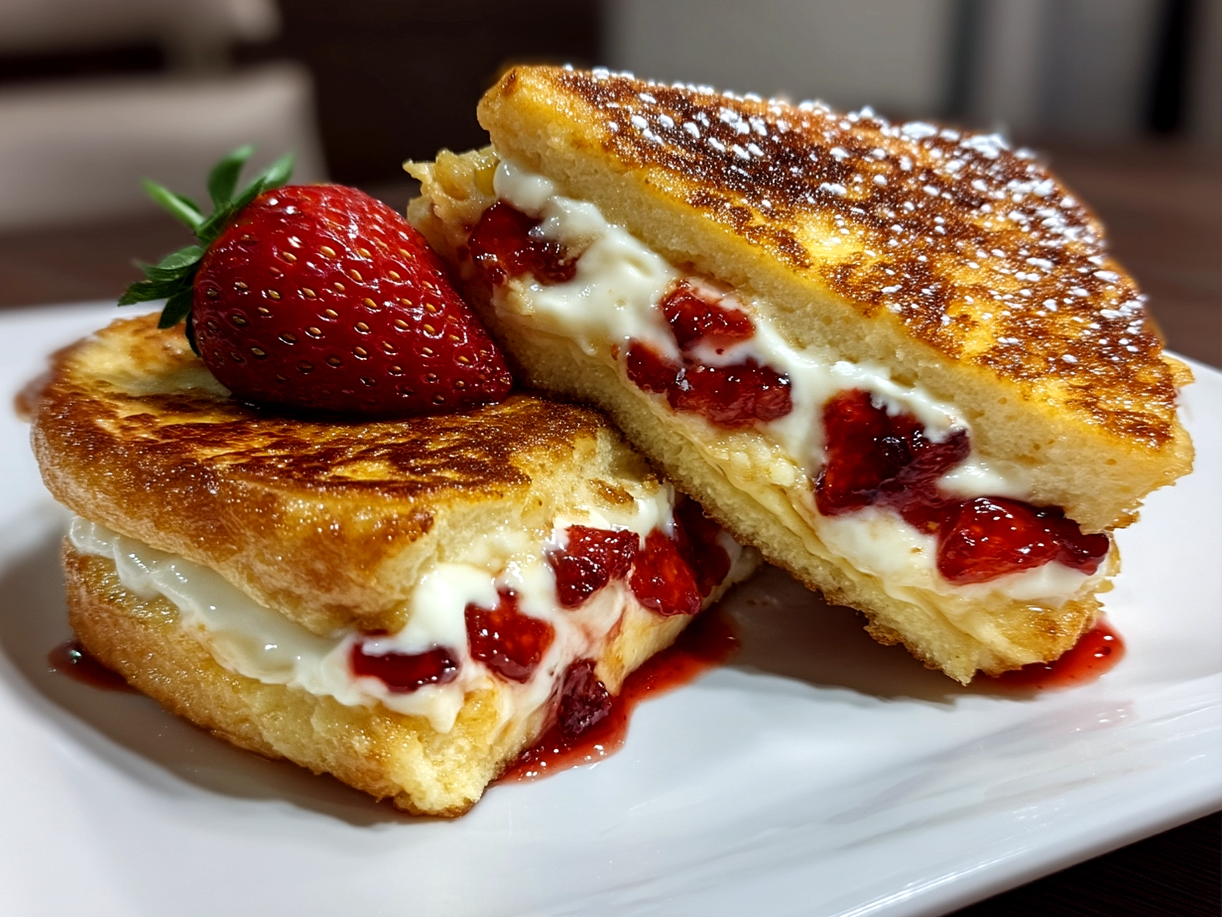 Serving Crispy Strawberry Cheesecake Sandwich with fresh strawberries and mint garnish