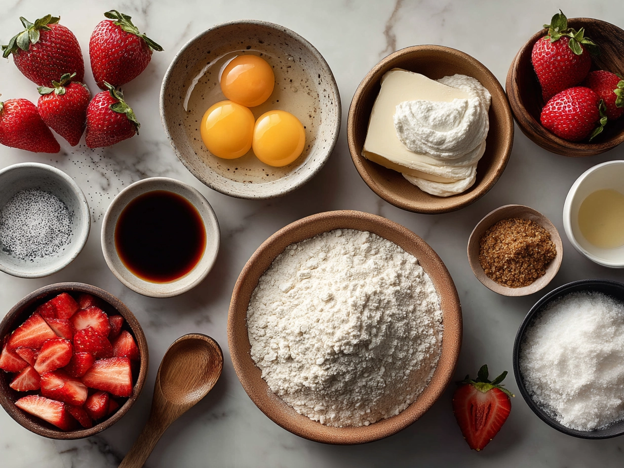 Ingredients for Crispy Strawberry Cheesecake Sandwich: fresh strawberries, cream cheese, powdered sugar, vanilla extract, bread, butter or coconut oil