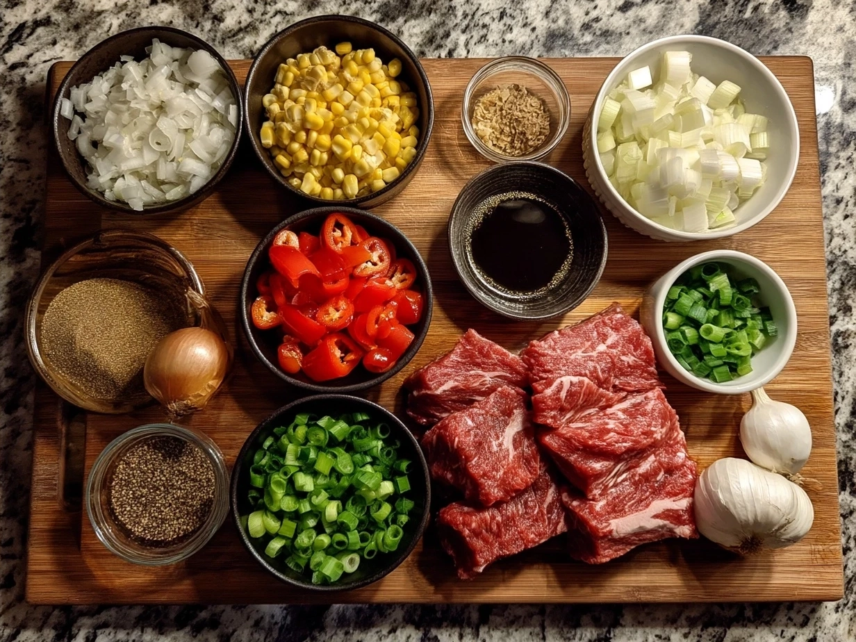 Ingredients laid out for Crockpot Mongolian Beef including flank steak, soy sauce, brown sugar, ginger, garlic, and green onions