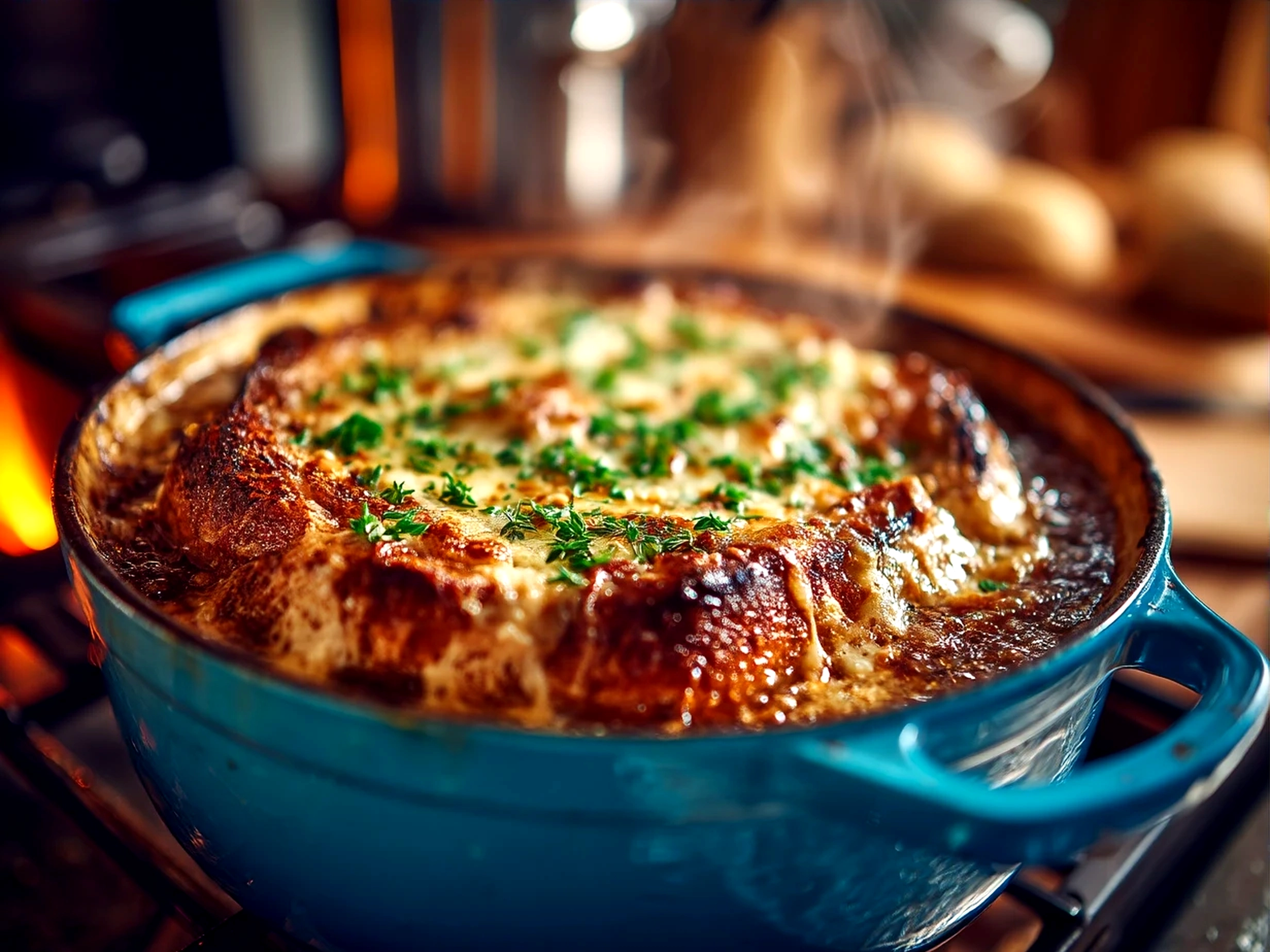 Bowl of Dutch Oven French Onion Soup with melted Gruyère cheese and toasted baguette slices