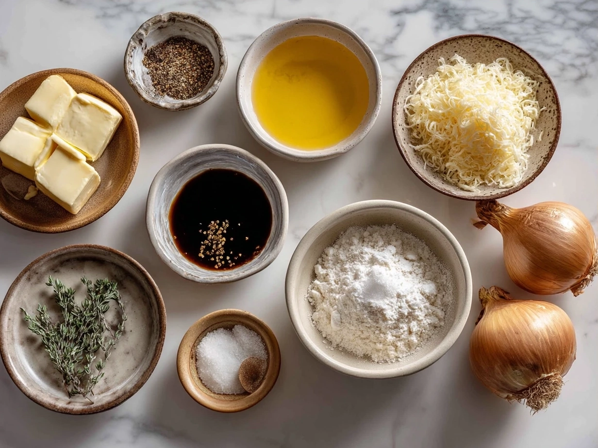 Ingredients for Dutch Oven French Onion Soup including onions, butter, garlic, wine, broth, bread, and cheese