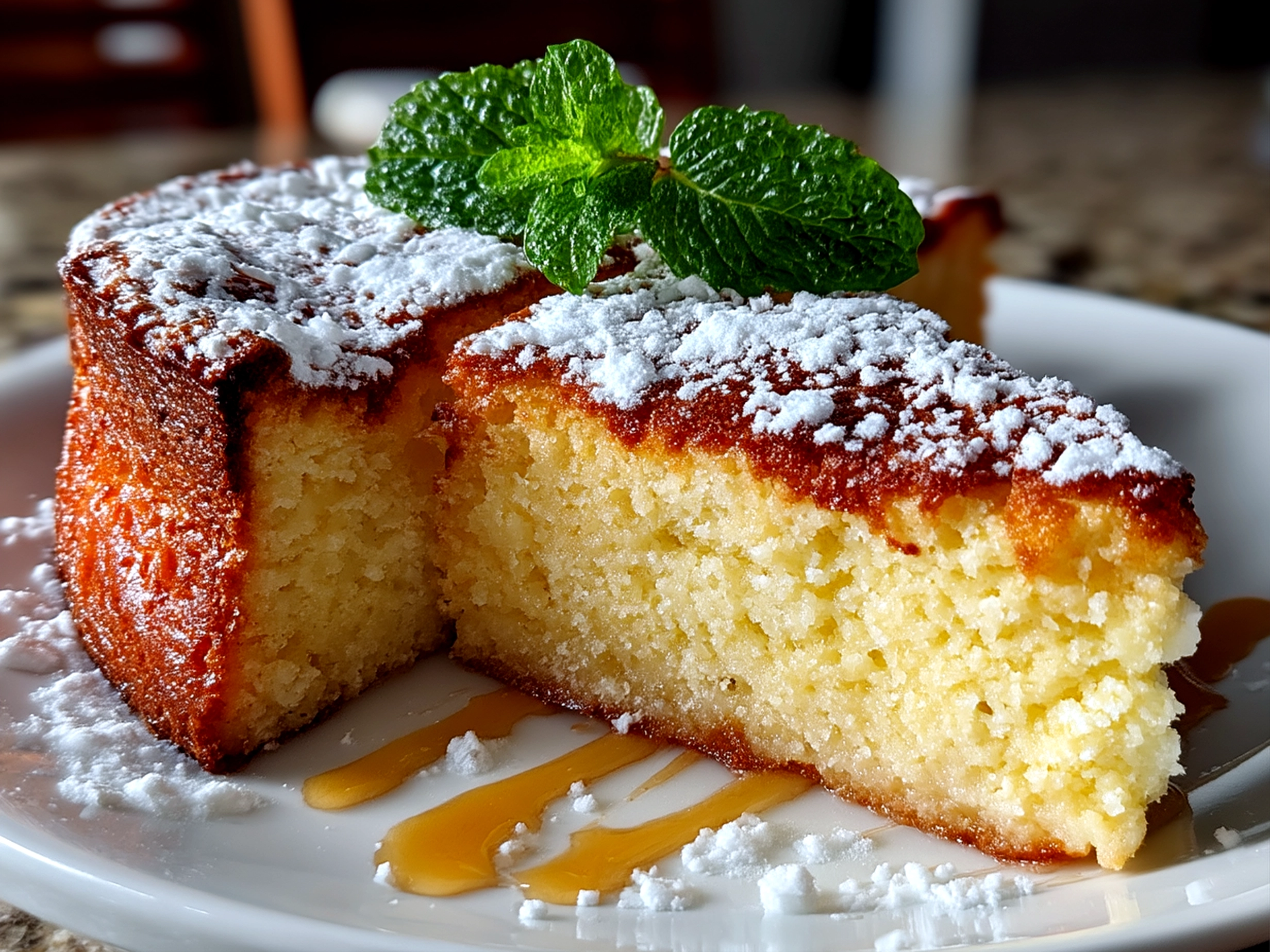 Finished flourless yogurt cake with natural light on table